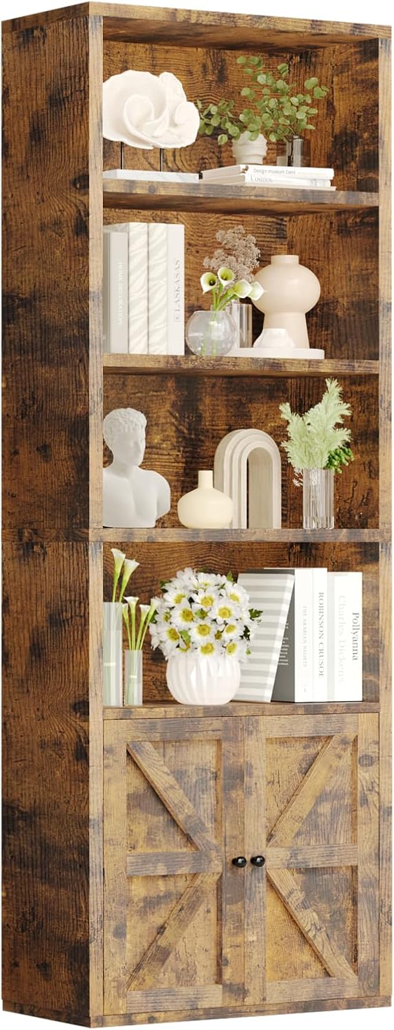 Bookcase with Doors 6-Tier Tall White Bookshelf and Bookshelves Wide Floor Standing Book Shelf Tall Display Shelves with Storage Cabinets for Home Offices, Living Rooms, and Bedrooms, 1 Pack
