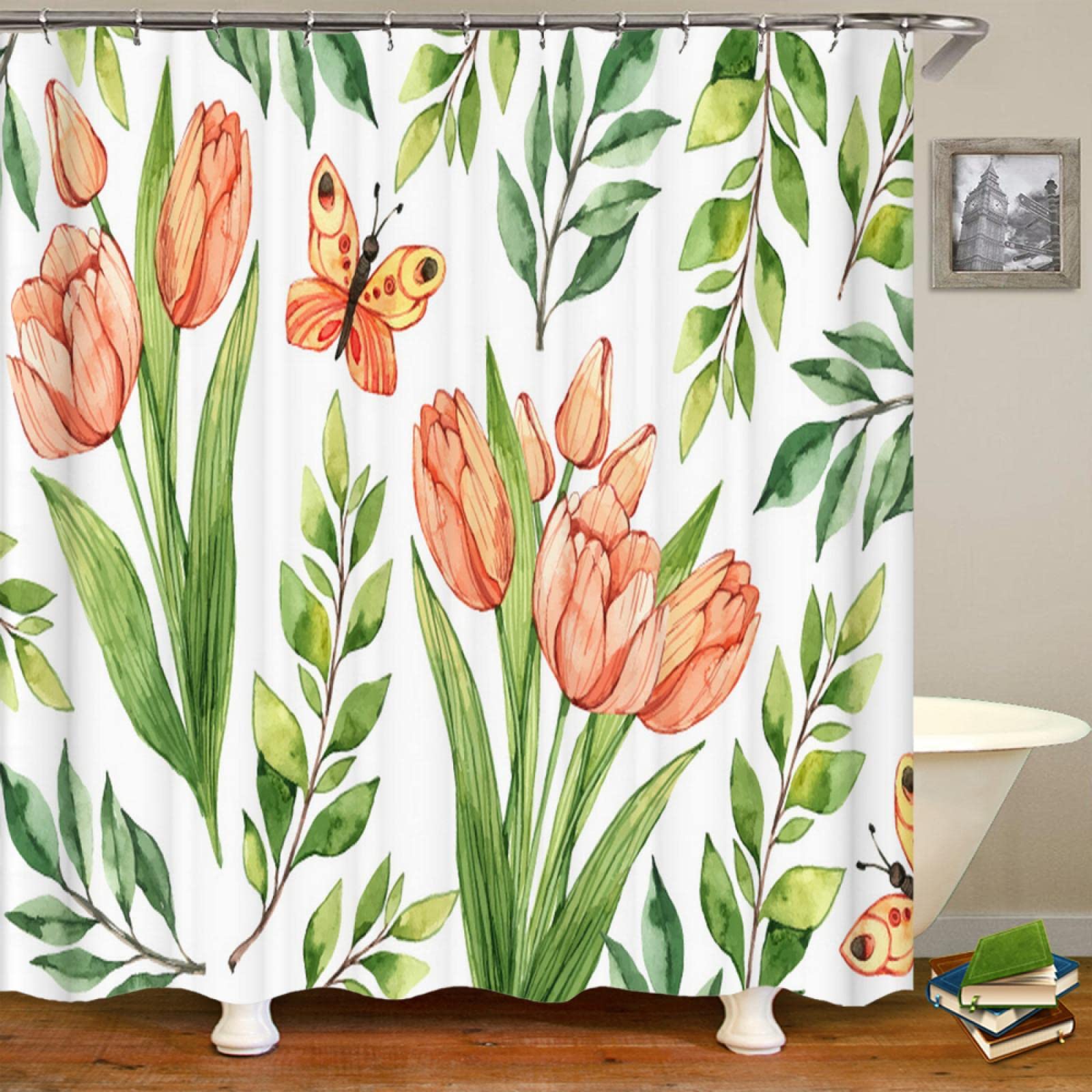Rideau de douche papillon en tissu polyester noir anti-moisissure 125x200