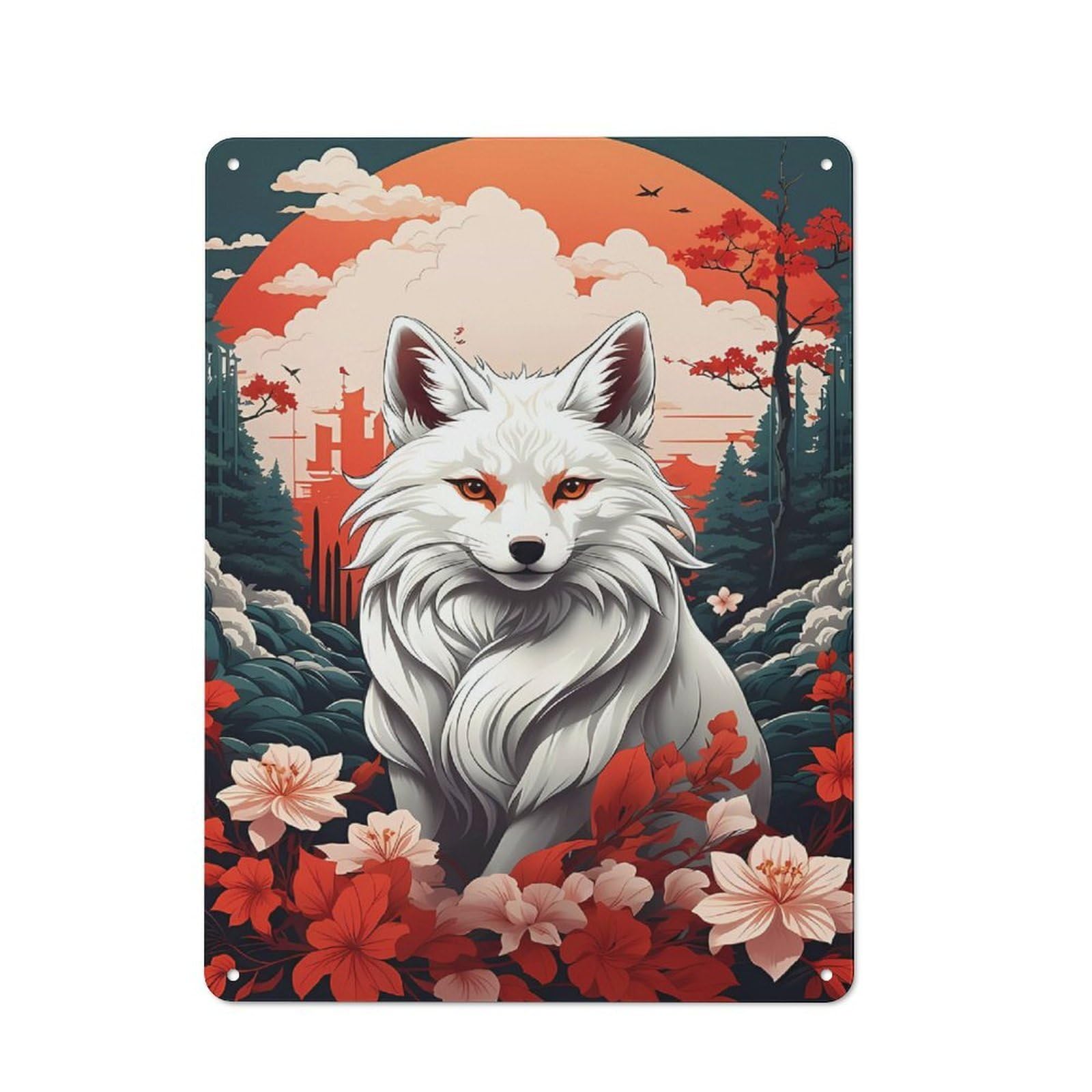 Chinese Kitsune Art Rustic Tin Sign 40x30cm for Pub Or Café, for Collectors Building A Themed Wall Display