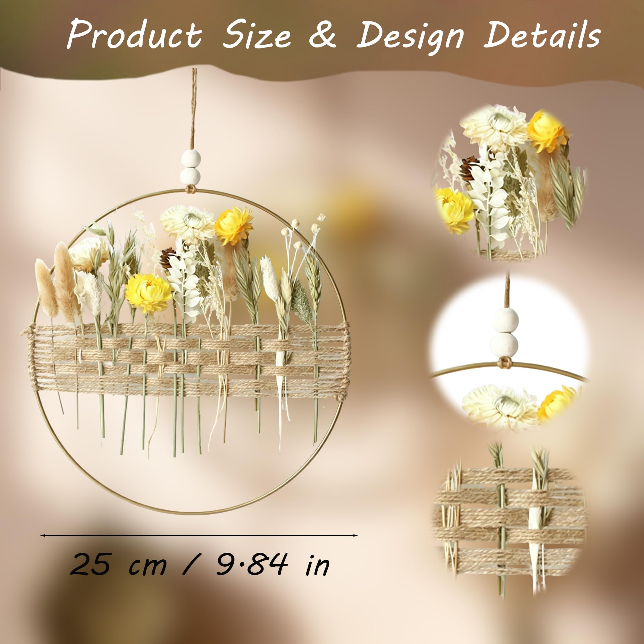 Türkranz Herbst Frühling Sommer Deko Trockenblumenkranz Mit Metallring und Hanfseil, Boho Wanddekoration, Natürliche Getrocknete Blumen, Romantisches Design (E)