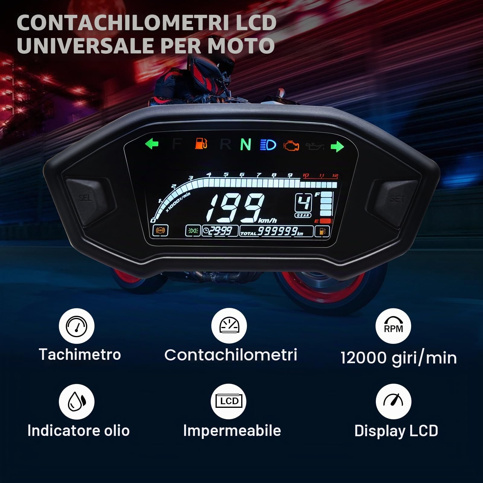 Geloo 0~12000r/min Tachimetro Moto Universale LCD digitale Retroilluminazione Moto Tachimetro Impermeabile Contachilometri Calibro 0-199km/h per 1,2,4 cilindri