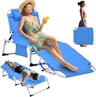 3-in-1 Heavy Duty Tanning Chair with Face Hole Adjustable 5-Position Folding Chaise Lounge Chairs Portable Lay Flat Beach Lounge Chair for Outdoor Sunbathing Patio Pool Lawn Camping Deck (Blue)