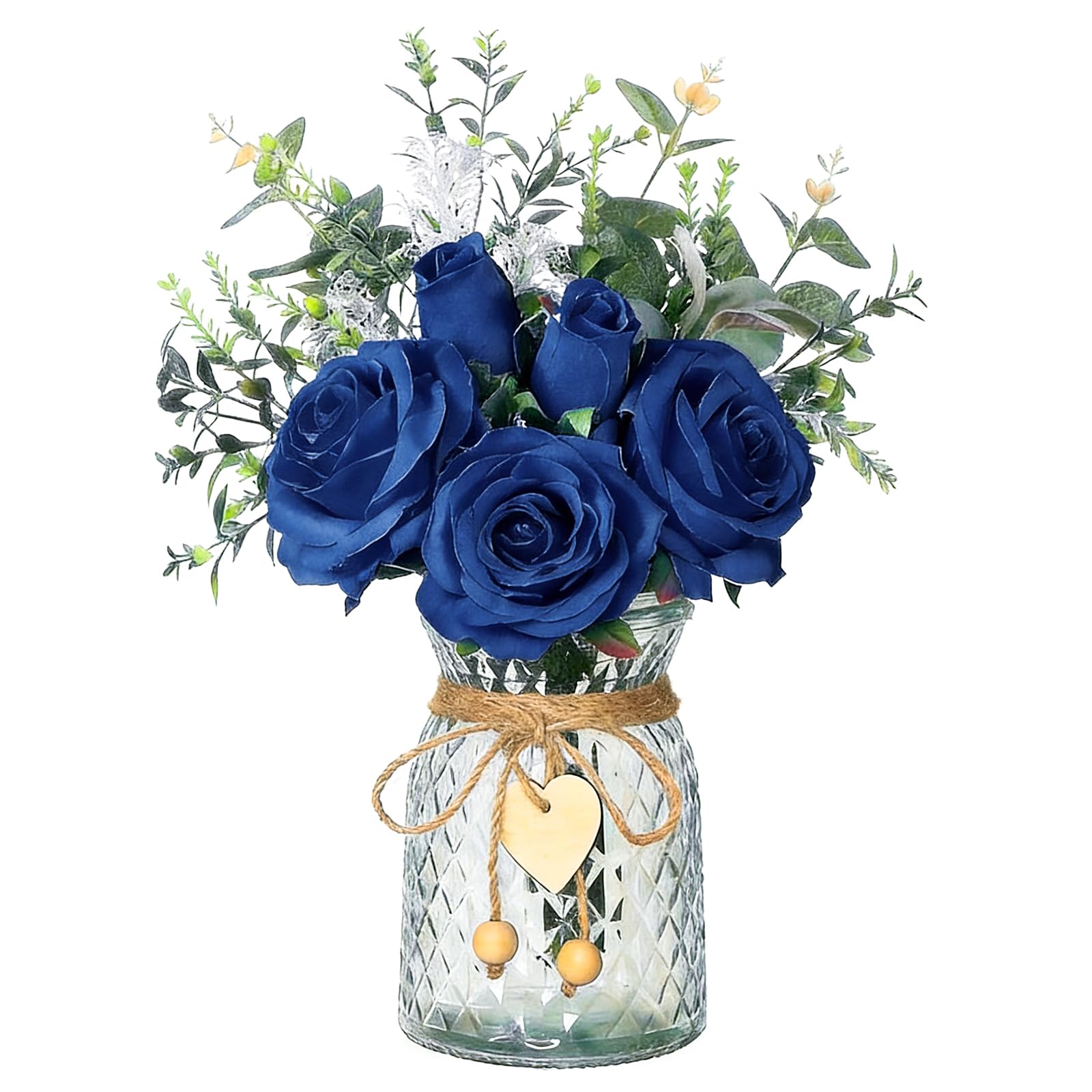 Faux Flowers with Vase Artificial Dark Blue Rose Flowers in Vase Fake Eucalyptus Plant Floral Arrangement for Table Centerpieces, Baby Shower, Home Kitchen Office Coffee Shop Decorations(Dark Blue)