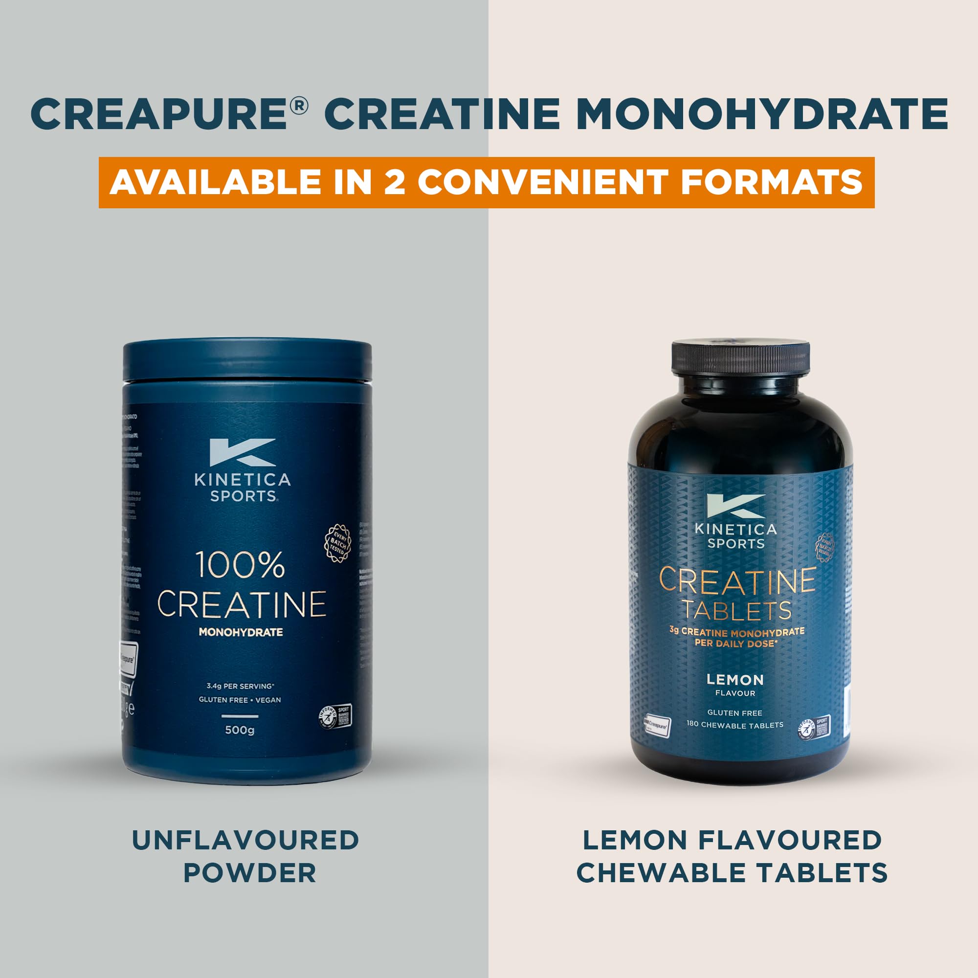 Kinetica Creatina in polvere 100%, 500 g, creatina monoidrato, 147 dosi, creatina in polvere per atleti, conforme ai criteri AMA, facilmente solubile, vegana, senza glutine.