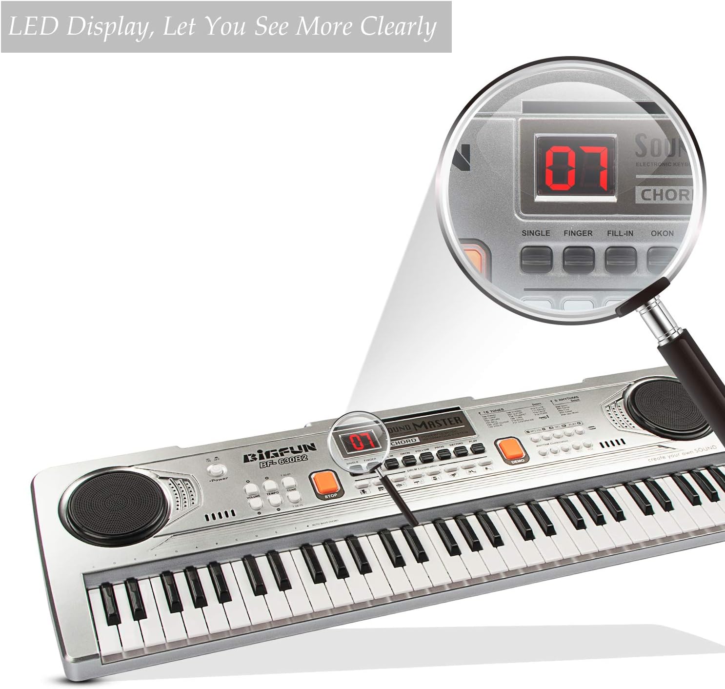 Close-up of the LED display on the BIGFUN keyboard