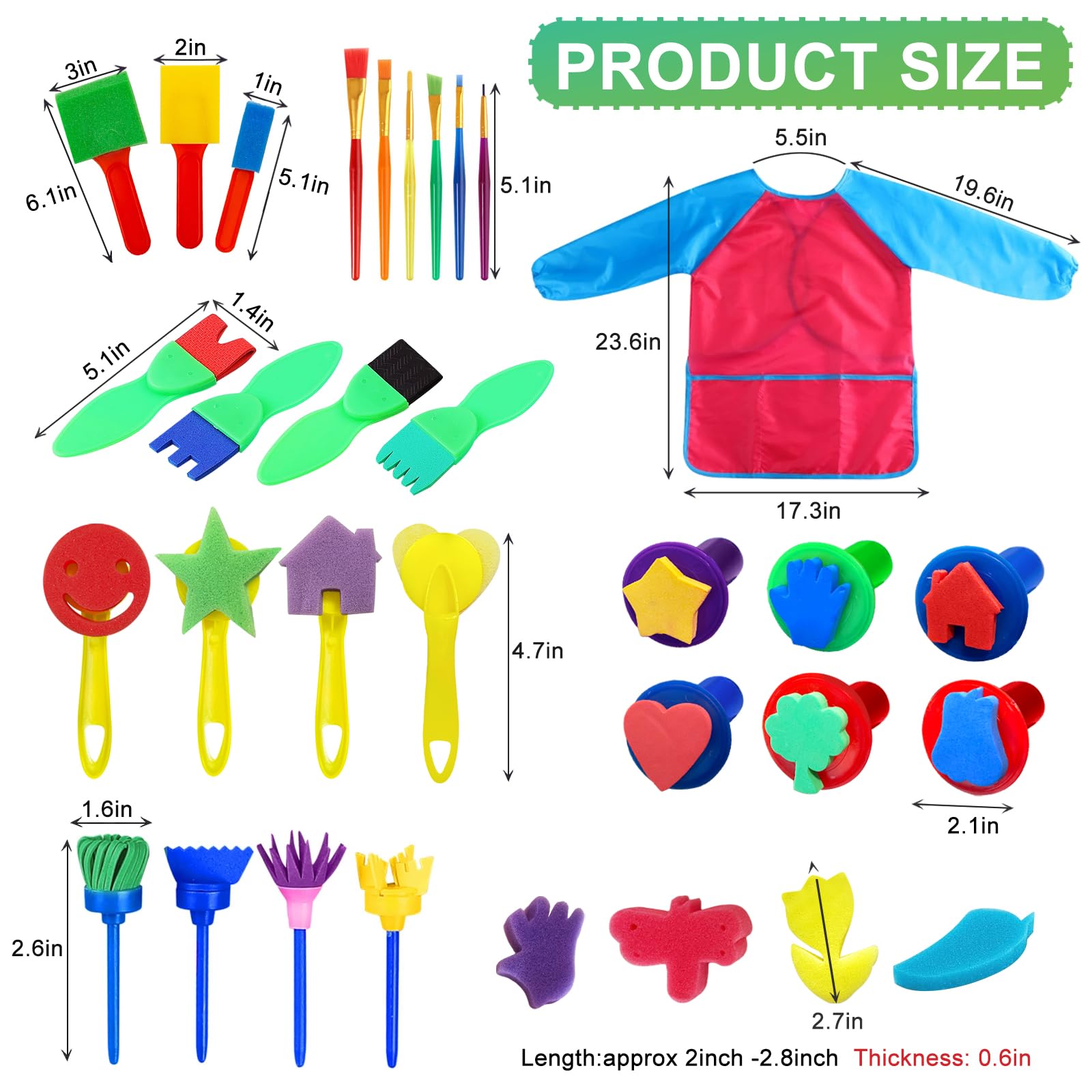 Lot de 51 pinceaux de peinture avec éponge Kit d'apprentissage pour enfants avec brosses en mousse Lot de pinceaux à motif, tablier étanche, etc.