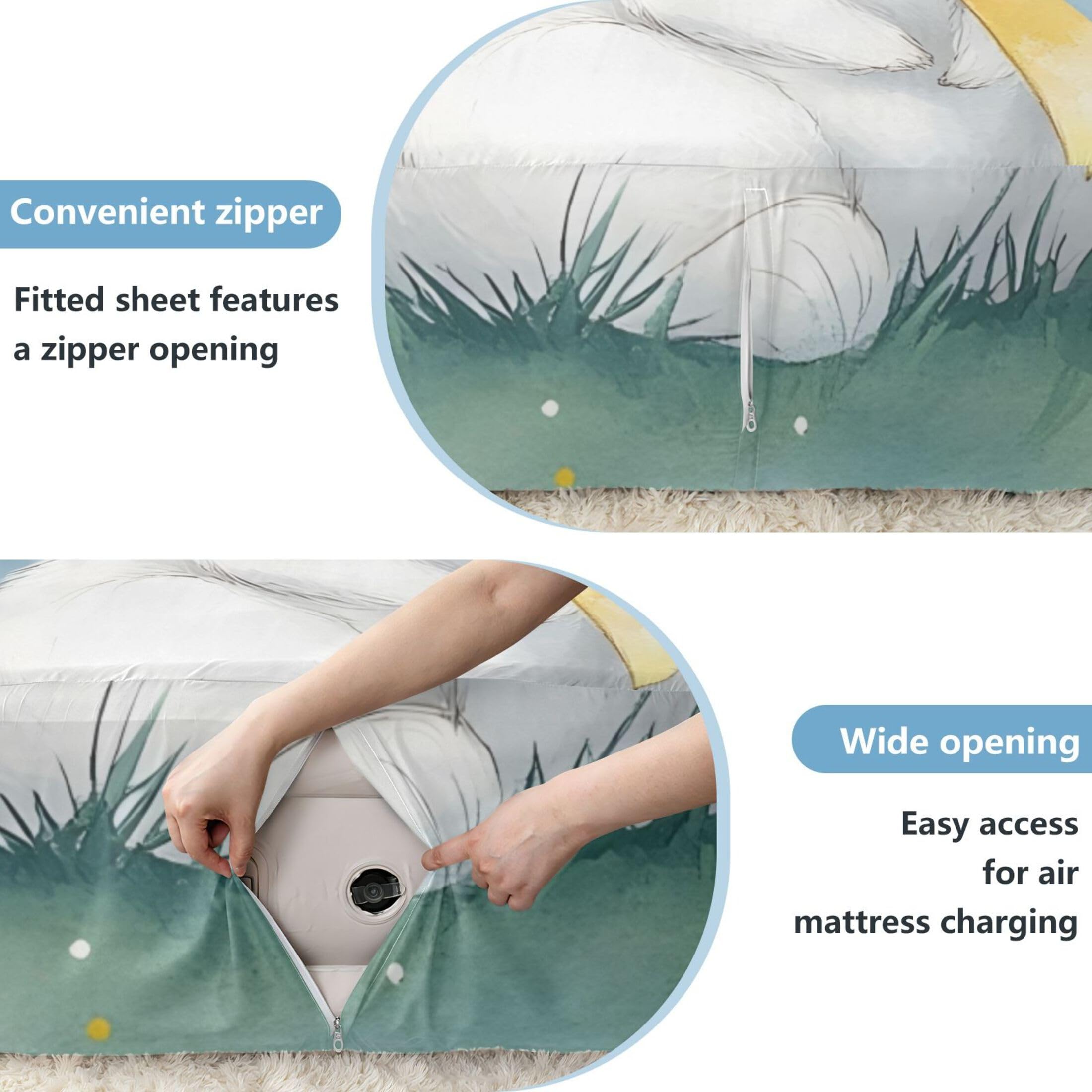 Sábana bajera ajustable de conejo de dibujos animados para colchón de aire, bolsillo extra profundo de 24 pulgadas, funda suave y transpirable con apertura de válvula de cremallera para cama