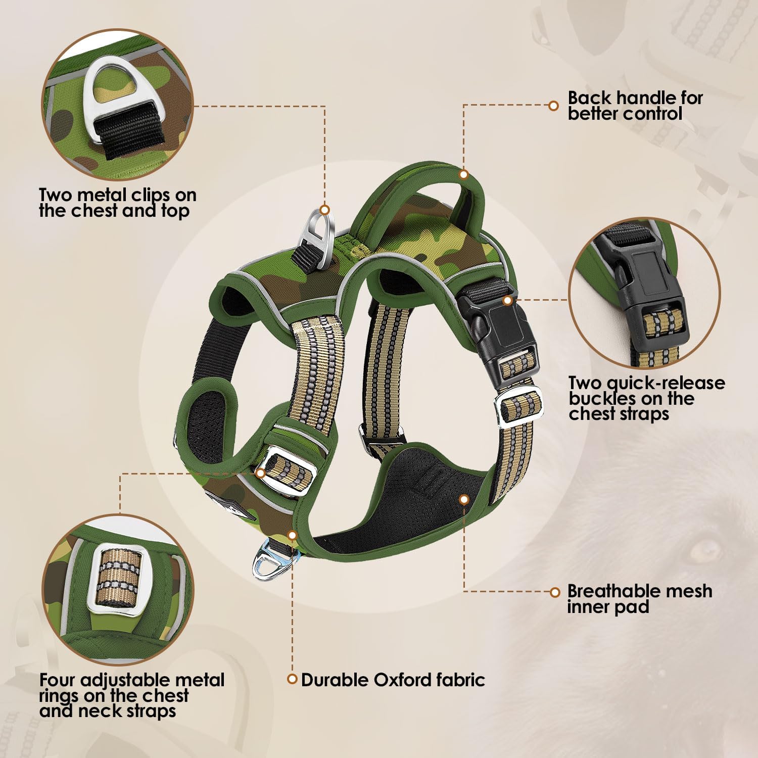 SlowTon No Pull Dog Harness, Heavy Duty No Choke Pet Harness with 2 Leash Clips and Easy Control Vertical Handle, Adjustable Soft Padded Dog Vest for Small, Medium and Large Dogs(Green Camo, Medium)