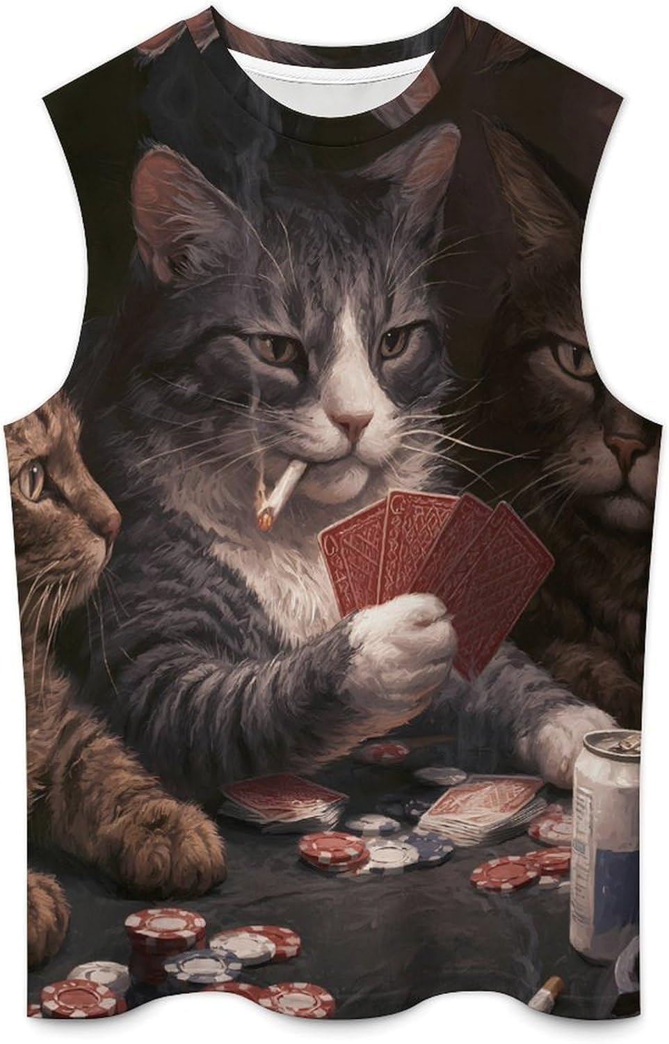 Cats Playing Poker Men Summer Sleeveless Crew Neck Top 5XL