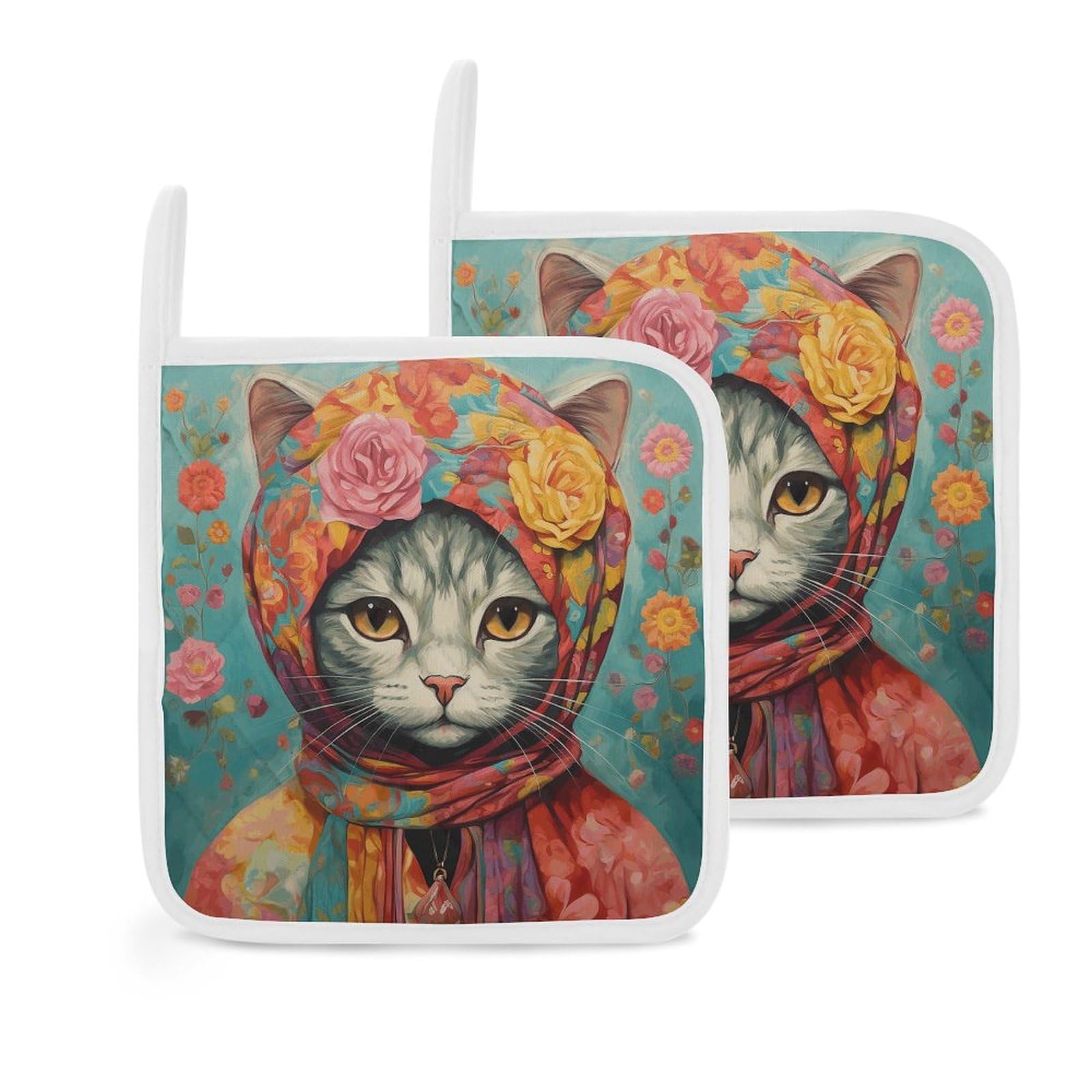 Btcowzrv Style Hand Drawn Cat 2 Pack Pot Holders For Kitchen, Heat Resistant Potholder Set With Hanging Loops, Hot Pads For Oven Baking Cooking