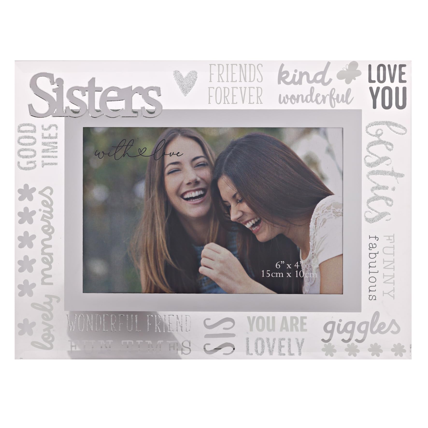 With Love - Glass Picture Frame 3D - Sisters - 6" x 4" - Horizontal Single Aperture Free-Standing Easel Back - Memories, Keepsake, Mum, Dad & Kids, Home Gifting & Homeware - H: 22 x W: 17cm.