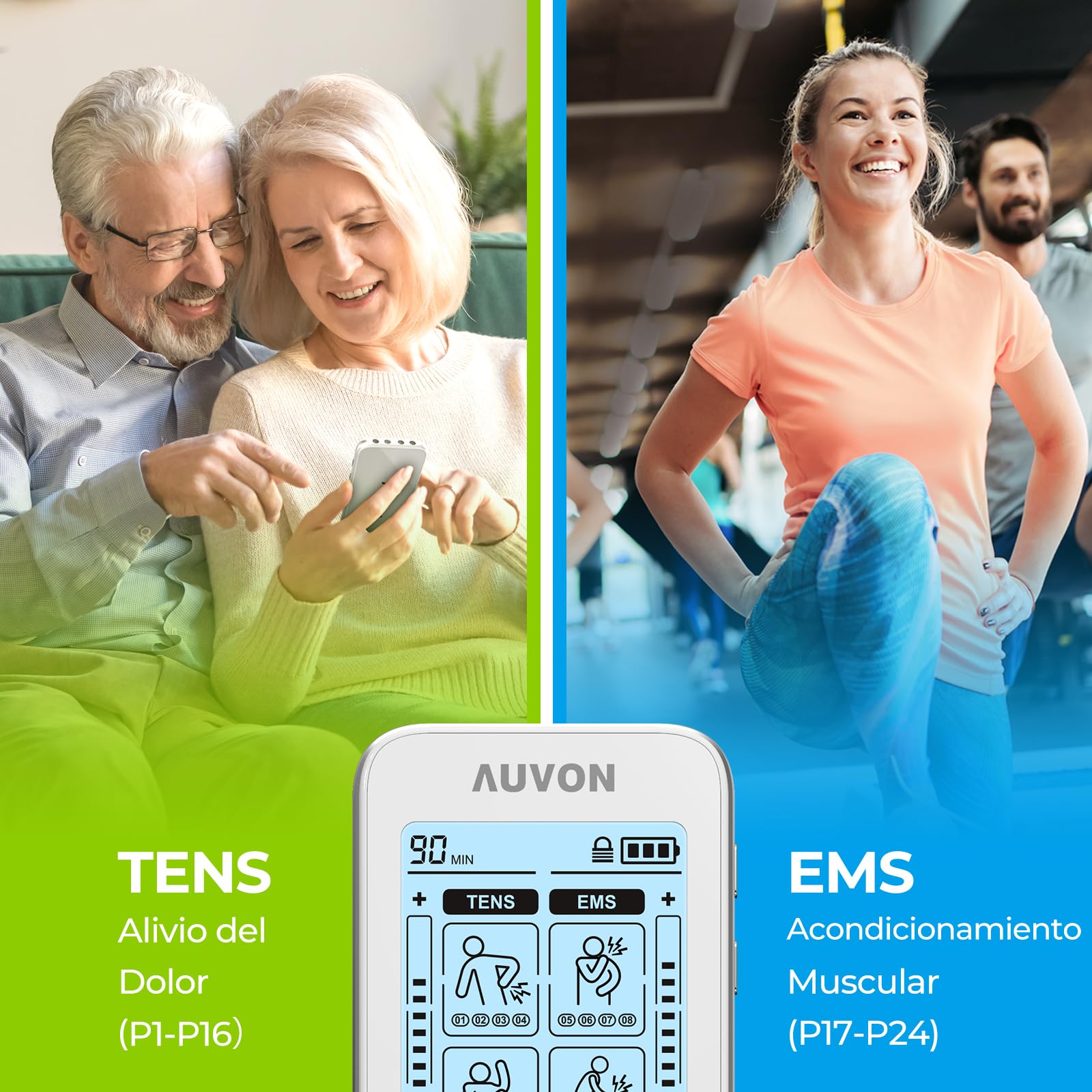AUVON Electroestimulador TENS de 4 salidas, TENS EMS para terapia de alivio del dolor con masajeador de pulso eléctrico de 24 modos, 10 piezas de electrodos premium de 2"x 2" con diseño patentado