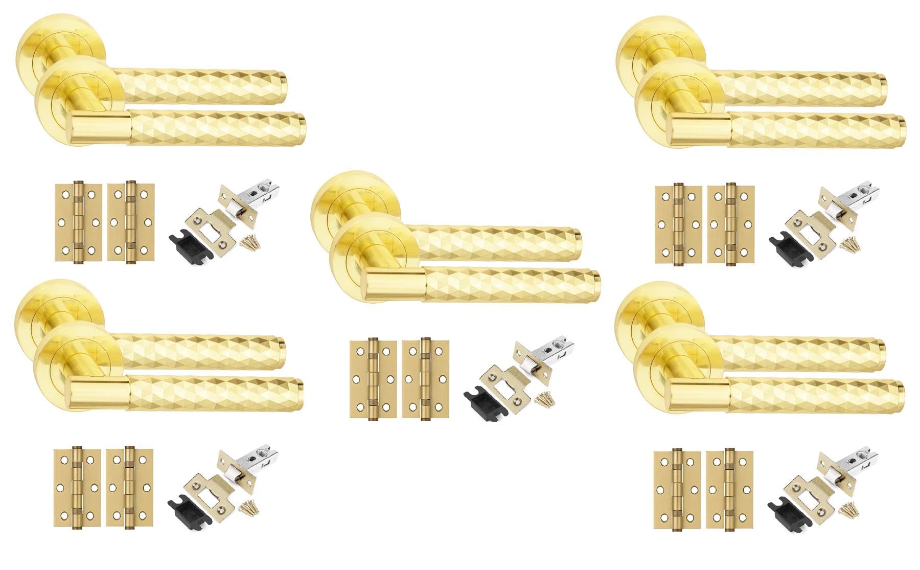 Golden Grace 5 Set Knurled Diamond Cut T-Bar Door Handles with Latch and Ball Bearing Hinges Satin Brass Finish