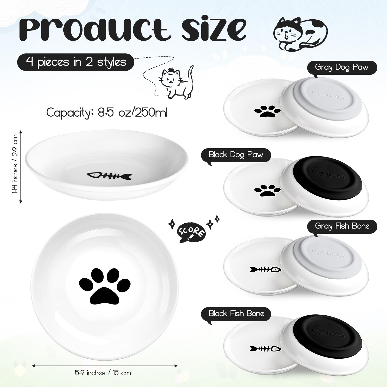 Singhoow 4 Pcs Cat Food Bowl Anti Whisker Fatigue Cat Dishes with Nonslip Silicone Bottom Whisker Friendly Ceramic Shallow Wide Kitten Plates for Food Water Indoor Small Dog Animals Pets Feeding