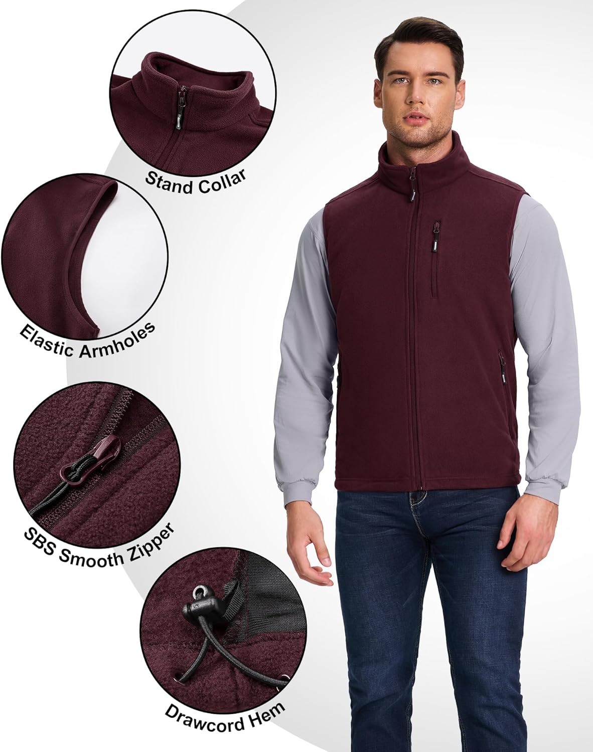 Outdoor Ventures Men's Full-Zip Lightweight Polar Fleece Vest Outerwear with 5 Pockets Warm Winter Sleeveless Jacket Casual - Image 4
