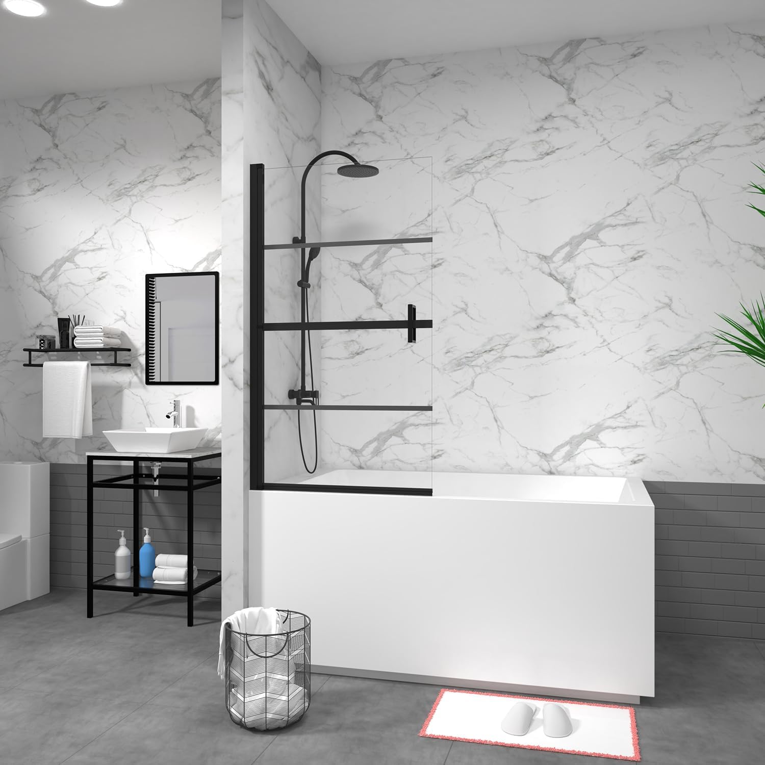 Bathtub Screen Panel Black Shower Door 180° Pivot