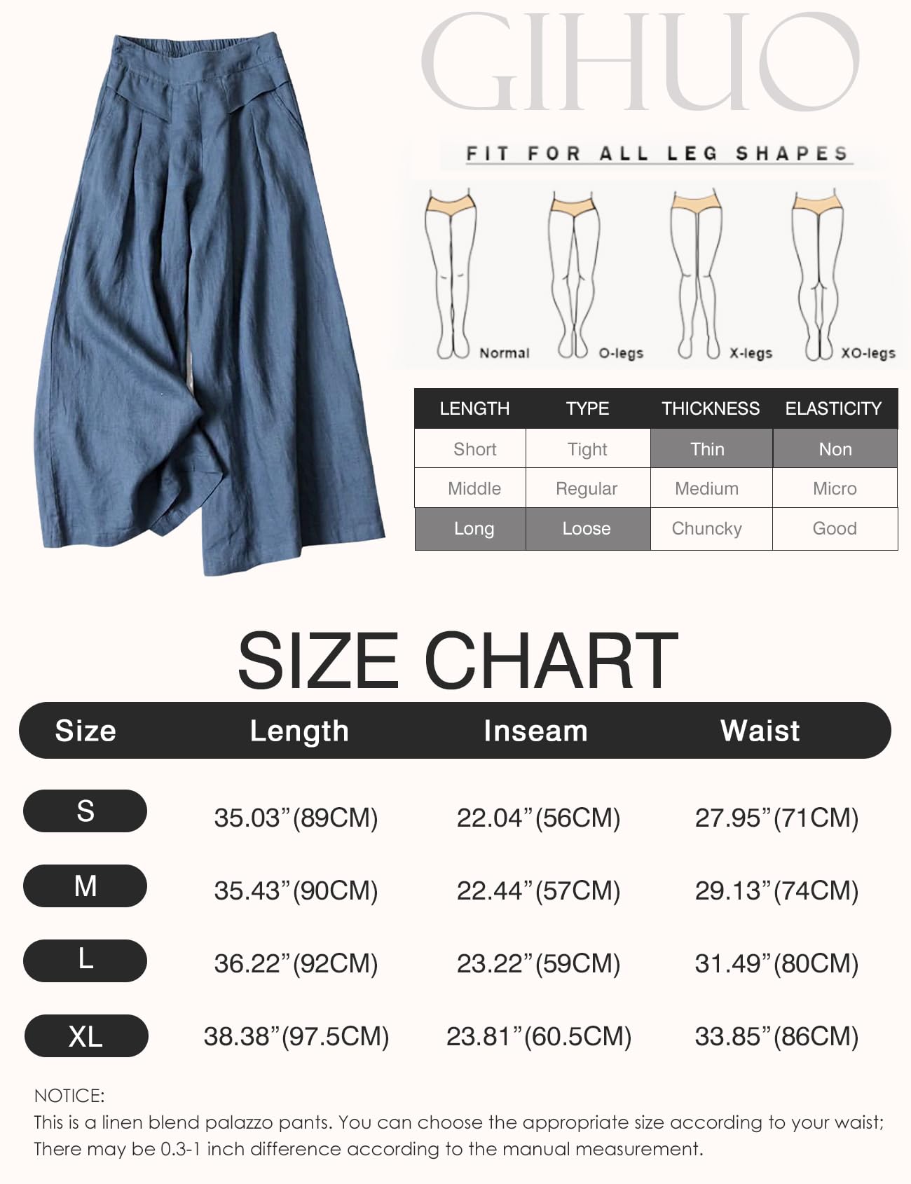 Gihuo Pantalones Culottes de Mezcla de Lino para Mujer, Pantalones de Pierna Ancha, Cintura elástica, Pantalones Palazzo Casuales con Bolsillos, Capris