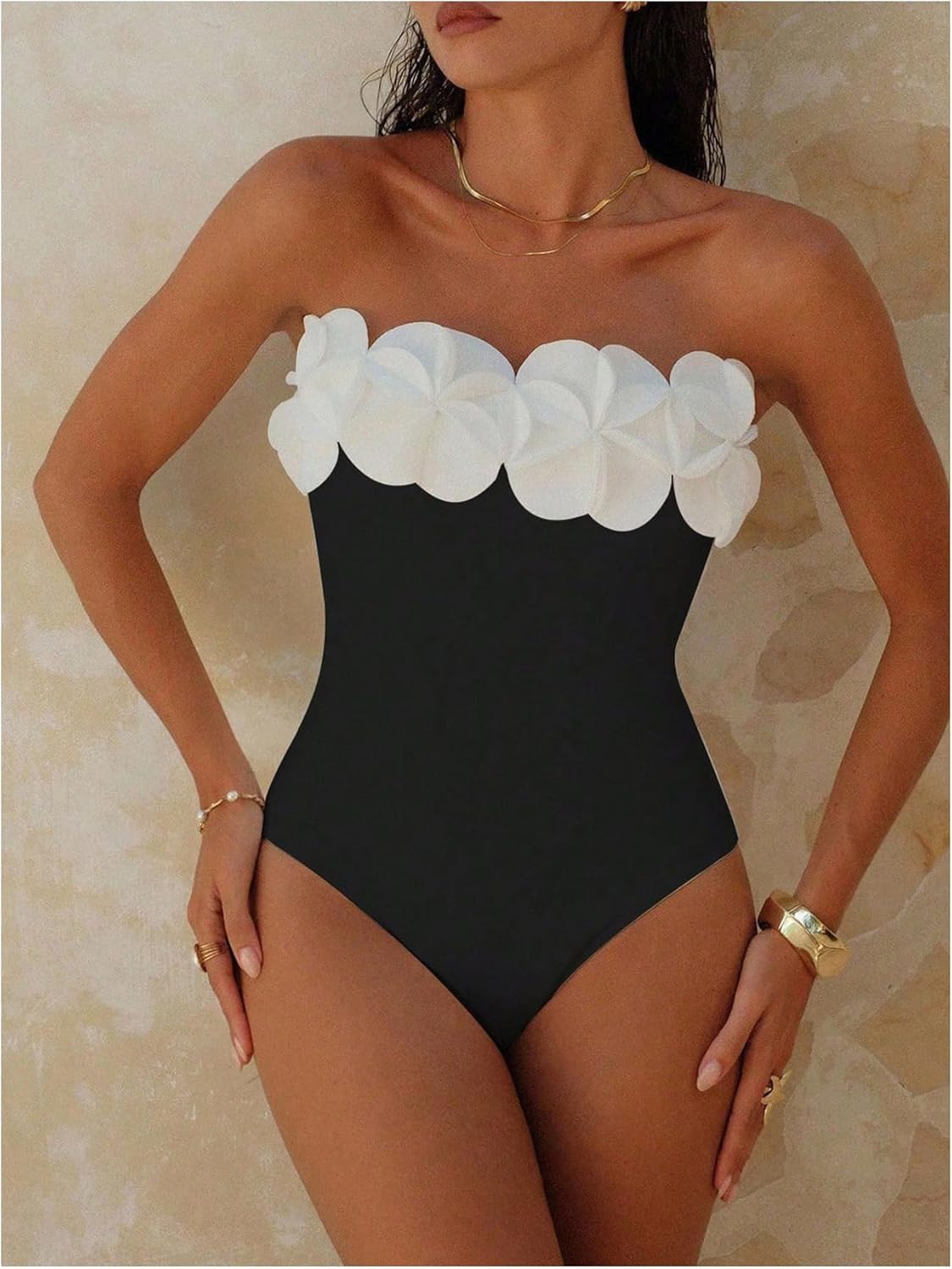 GORGLITTER Women's 3D Floral Strapless One Piece Swimsuit Sexy Tummy Control Bandeau Cheeky Bathing Suit Swimwear 2026