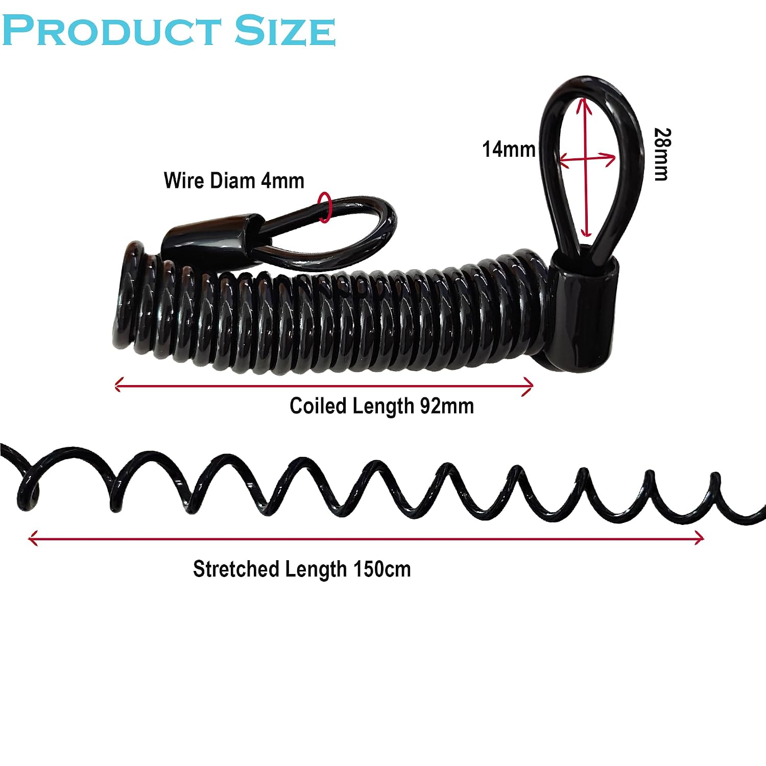59in(1.5M) Spring Wire Cable with Loops 4mm Thickness Rubber Coated Stainless Wire Tether Lock,Black