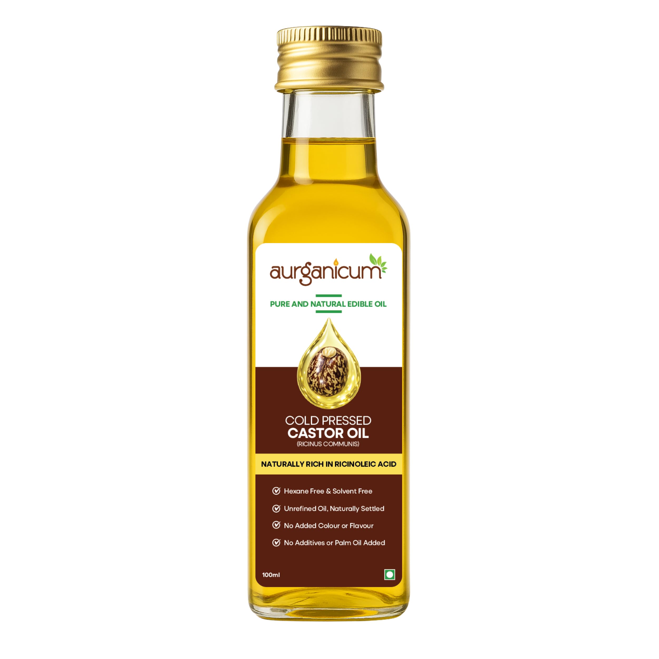 Cold Pressed Castor Oil-100ml (Edible Grade, Hexane Free) for Hair, Skin & Face | Pure Natural Castor Oil for Hair Growth, Eyelashes, Eyebrows & Skin Care | Rich in Ricinoleic Acid – Aurganicum (Glass Bottle)