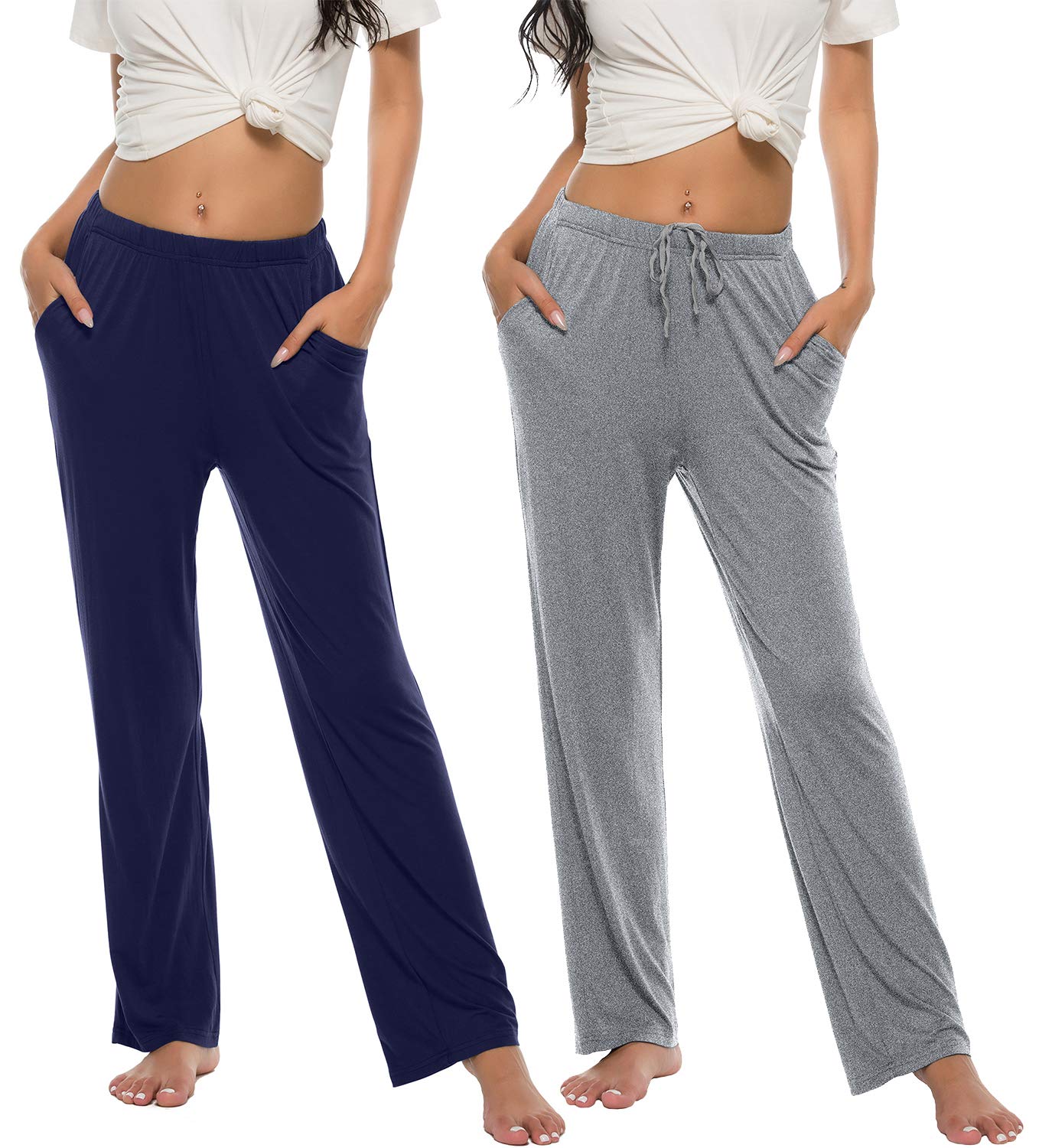 MoFiz Damen Schlafanzughose Lang Pyjamahose Nachtwäsche Weich Loungehose Freizeithose mit Taschen