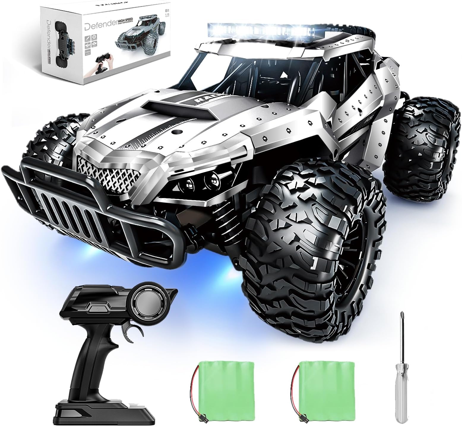 Tecnock Remote Control Cars for Kids Adults, 1:16 Scale 25km/h All Terrain Monster Truck, 2.4GHz Off-Road RC Car with Headlights & Chassis Lights, 2 Batteries for 60min Play, Toys Gifts for Boys Girls
