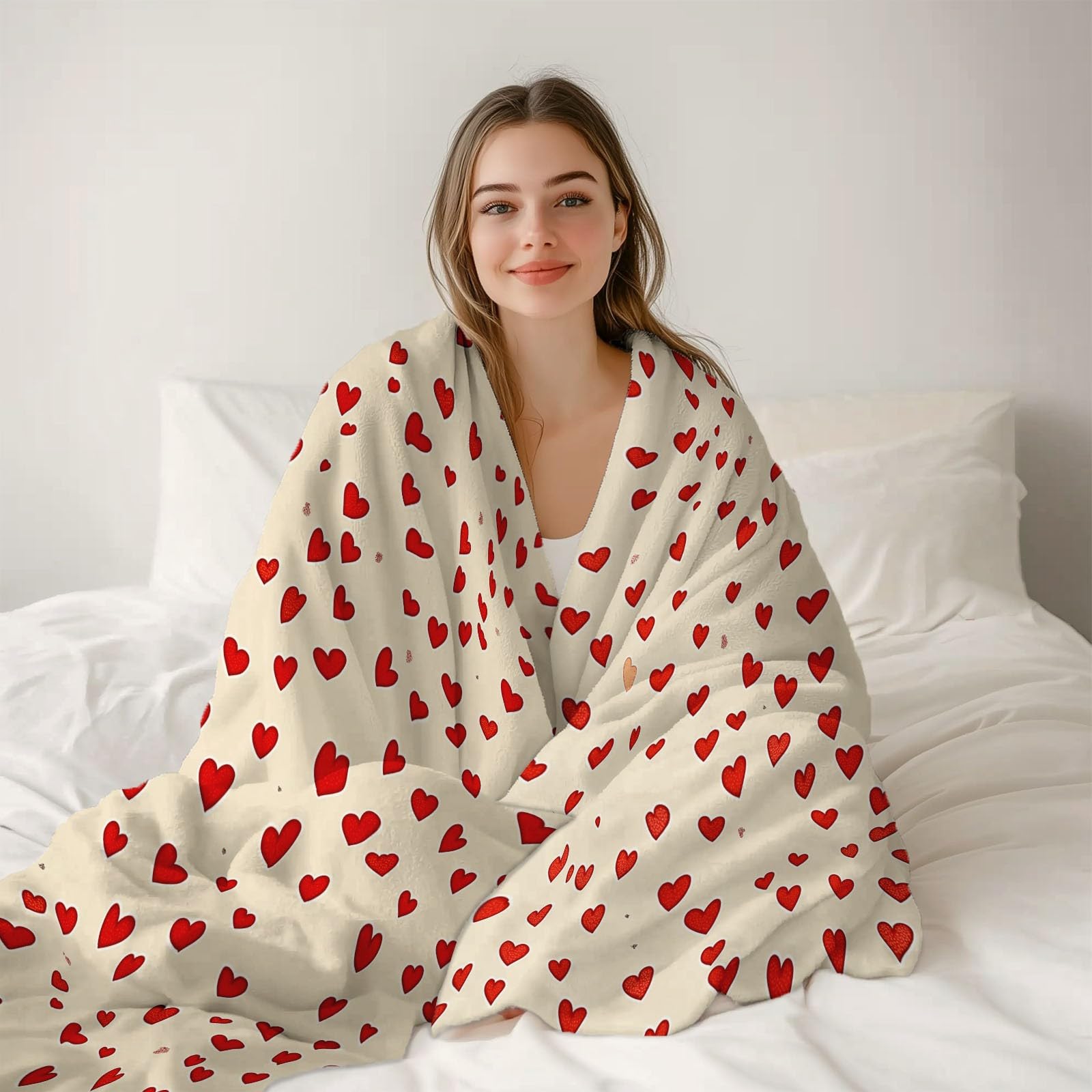 Nowy termiczny super miękki flanelowy koc narzuta na łóżko podwójne (200 x 220 cm) - kremowy miękki ciepły gruby dwustronny pokrowiec na sofę, minimalizm romantyzm miłość koc na sofę do salonu