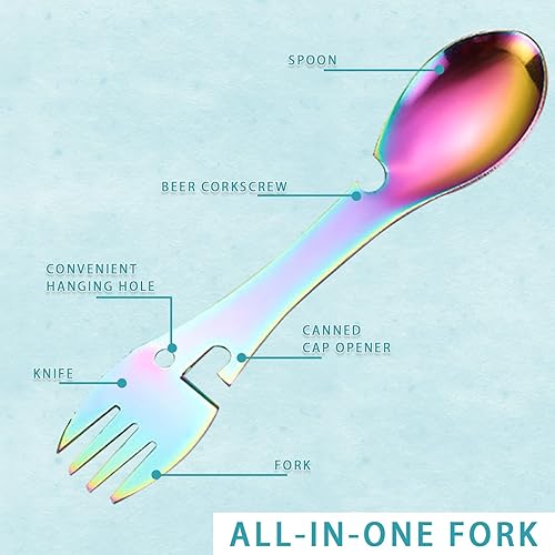 Miniatura 2 de Sporks 5 en 1 de acero inoxidable para campamento, cuchara y tenedor combinado con abrebotellas, utensilio de viaje multifuncional para mochileros