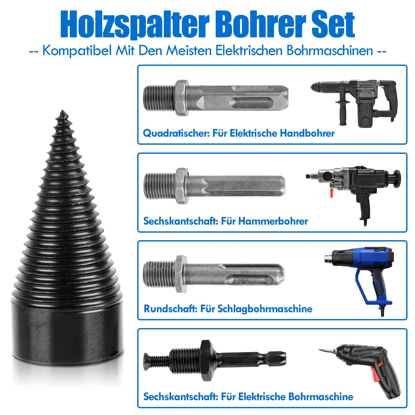 42 mm houtsplijter, schroefkegel, boorkegel, houtsplijter voor houtsplijtwig stalen kegelboor met 3 boorgrepen, voor hout met kleinere diameter