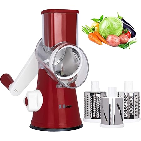 X Home Rotary Cheese Grater, 3 Drum Blades Cheese Shredder, Manual Vegetable Shredder Slicer Grinder with Strong Suction Base, Easy-to-clean (Red)