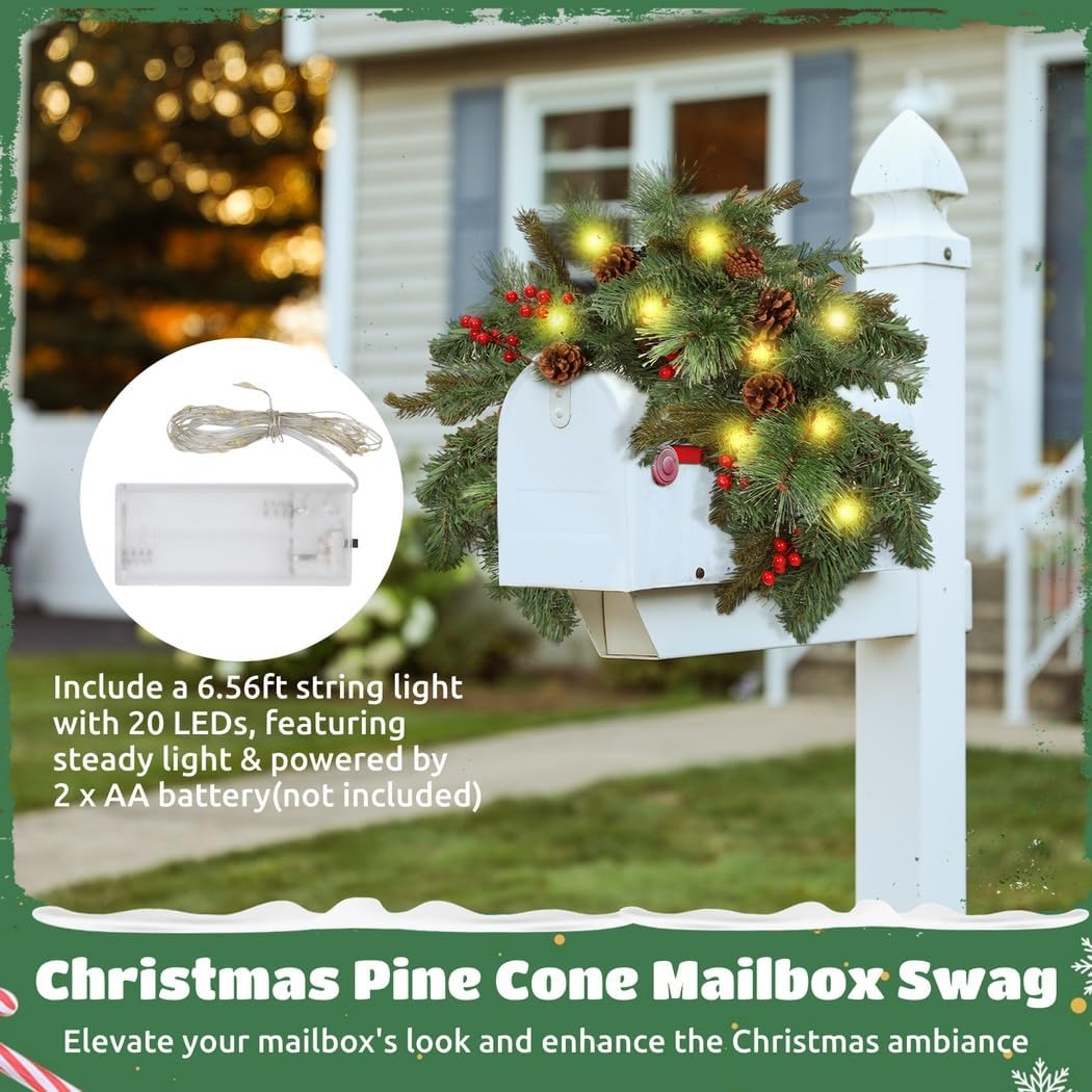 35 Lighted Pine Cone Mailbox Swag with 20 LEDs, Pine Needle Garland with Red Berries, Christmas Mailbox Decor for Holiday Season