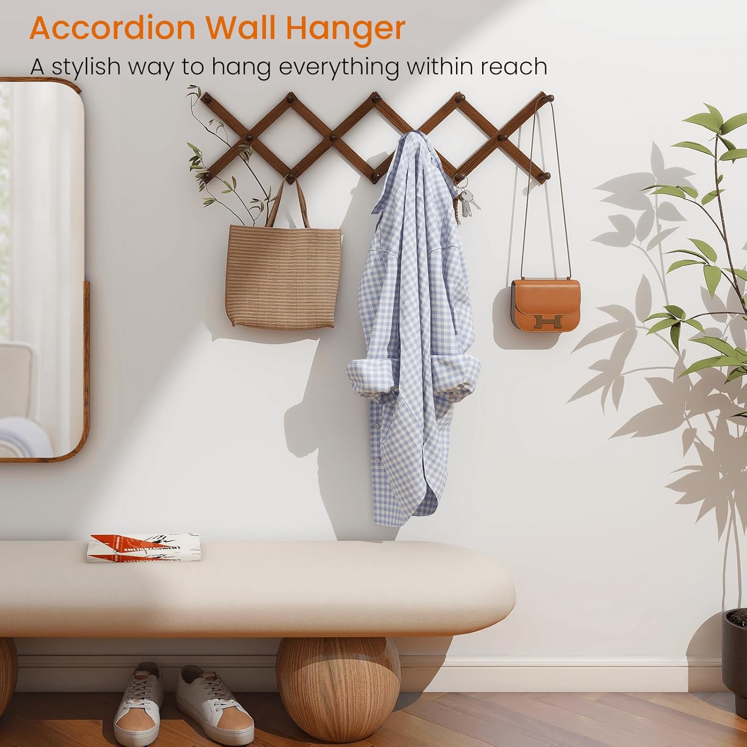 Homode Accordion Wall Hanger, Hat Rack for Wall, Wood Expandable Coat Rack, Vintage Accordian Peg Hooks Purse Organizer for Hanging Baseball Caps, Coffee Mug, Hats, Clothes, Backpack, Towel