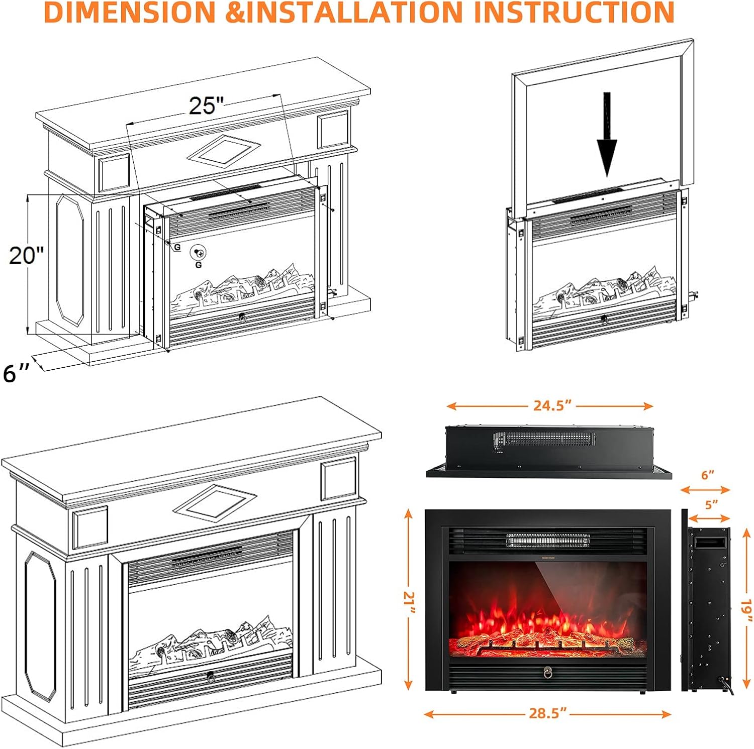 LDAILY 28" Electric Fireplace, Recessed, 3-Color Flame, 5 Brightness, 8H Timer & Remote Control, 750/1500W Freestanding Fireplace Insert Heater, Black (28.5 inches)