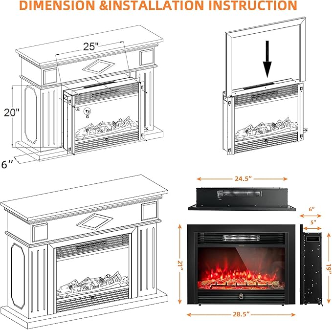 Chimenea Eléctrica LDAILY 28", Empotrable, 3 Colores de Llama, 5 Niveles de Brillo miniatura 3