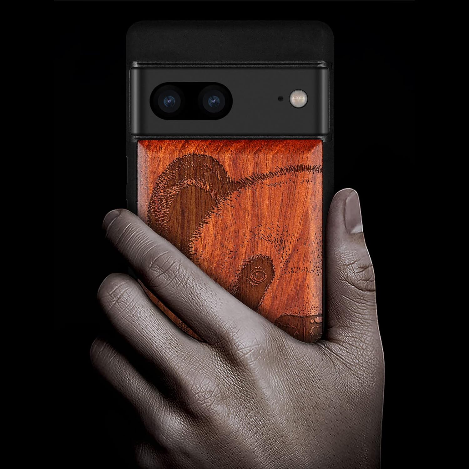 Carveit Wood Case for Pixel 7 Case [Natural Wood & Black Soft TPU] Shockproof Protective Unique & Classy Wooden Cover Compatible with Google Pixel 7 (Panda Carving-Rosy)