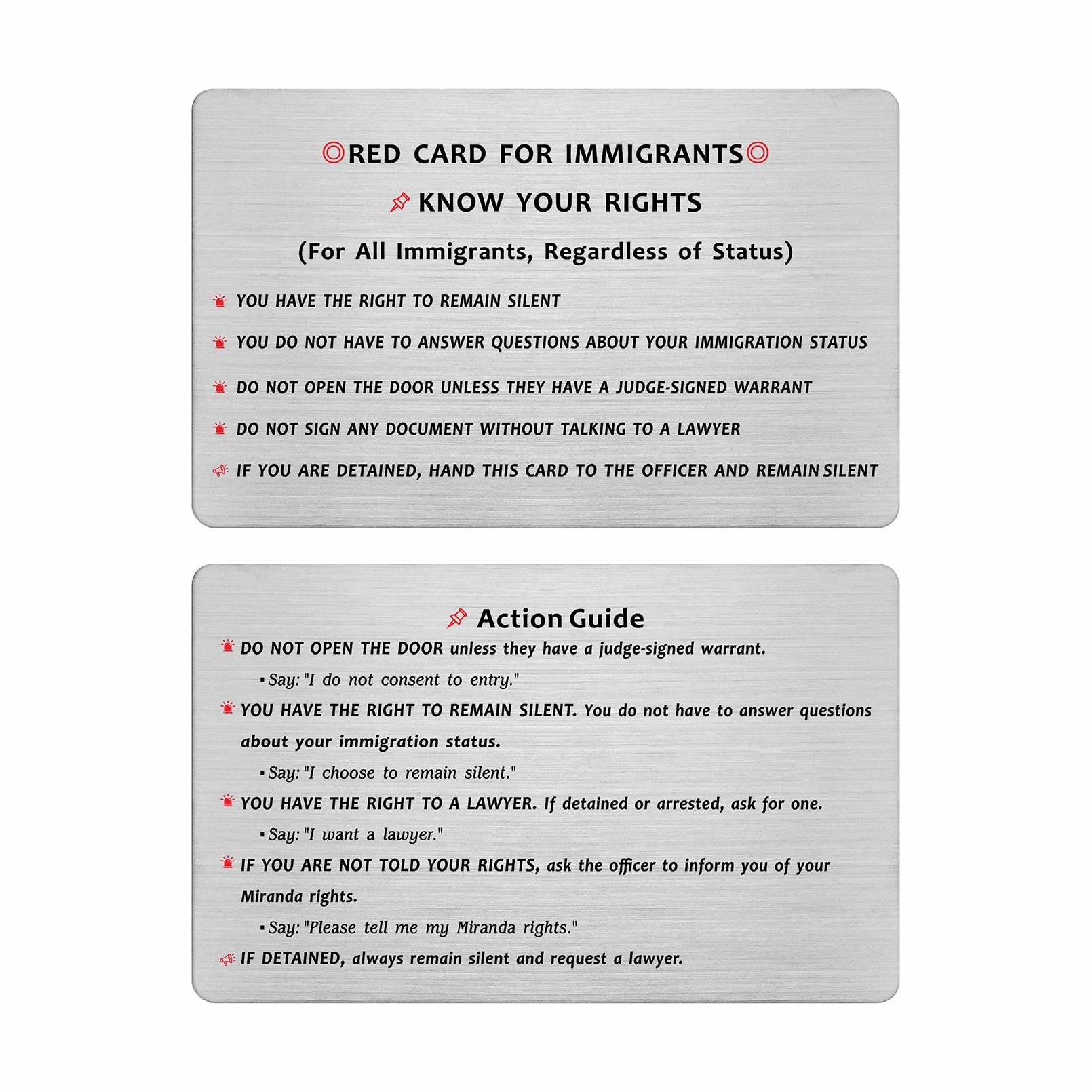 DGXMD Metal Know Your Rights - Engraved Immigration Red Card - Constitutional Rights Reminder - Legal Protection Card