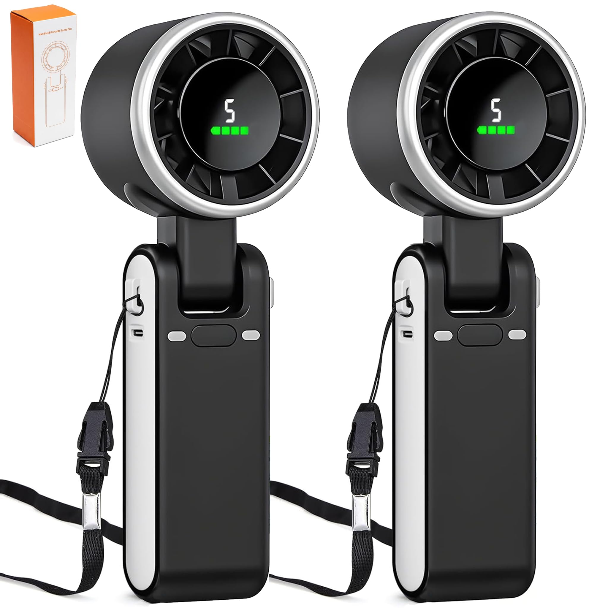 2 Pack Portable Handheld Turbo Fan, 3-in-1 4000mAh Rechargeable Hand Fan