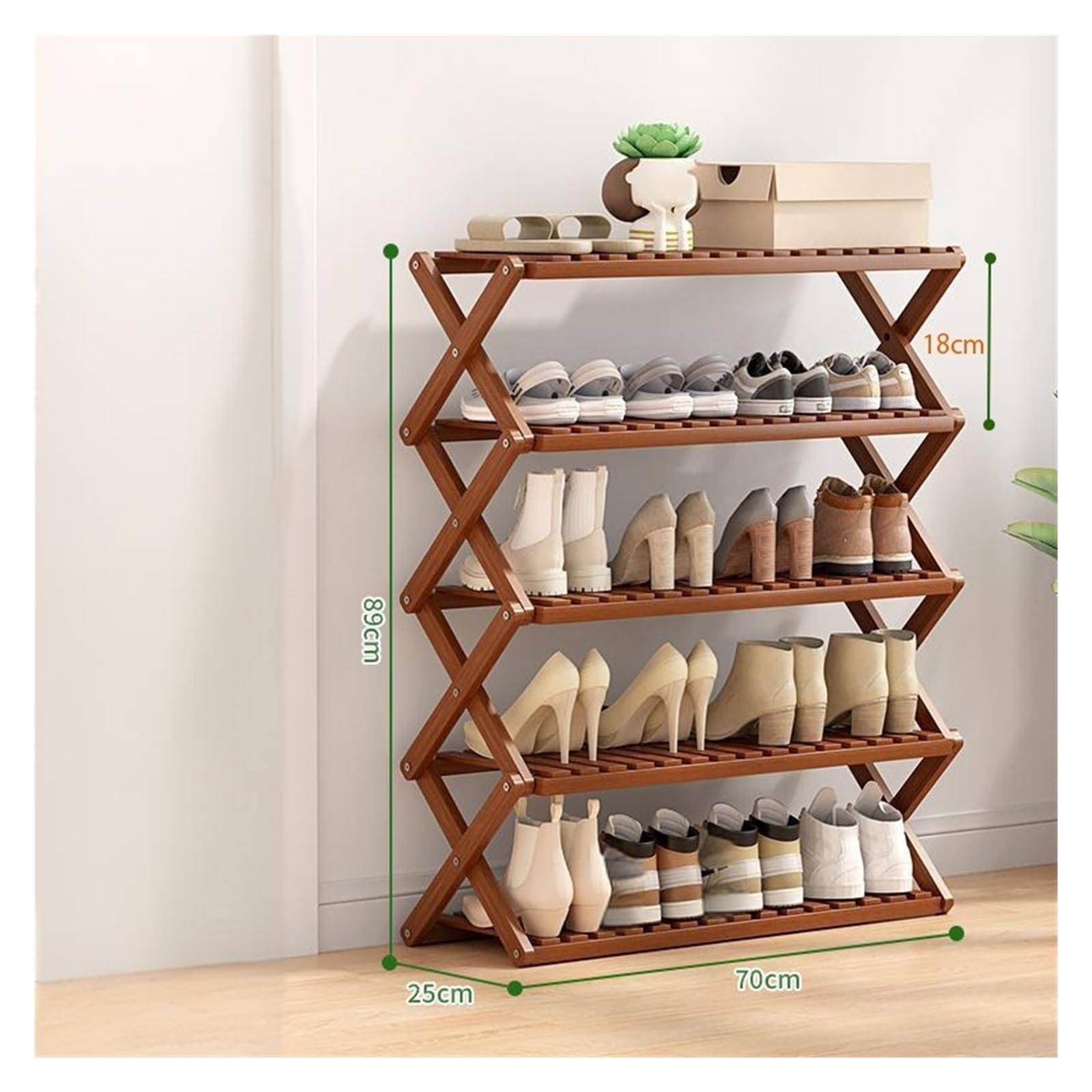 Schuhregal aus natürlichem Bambus, faltbar und platzsparend (5 Etagen, 70 cm), keine Montage erforderlich, perfekt für Eingangsbereich und Camping, stilvolles braunes Design