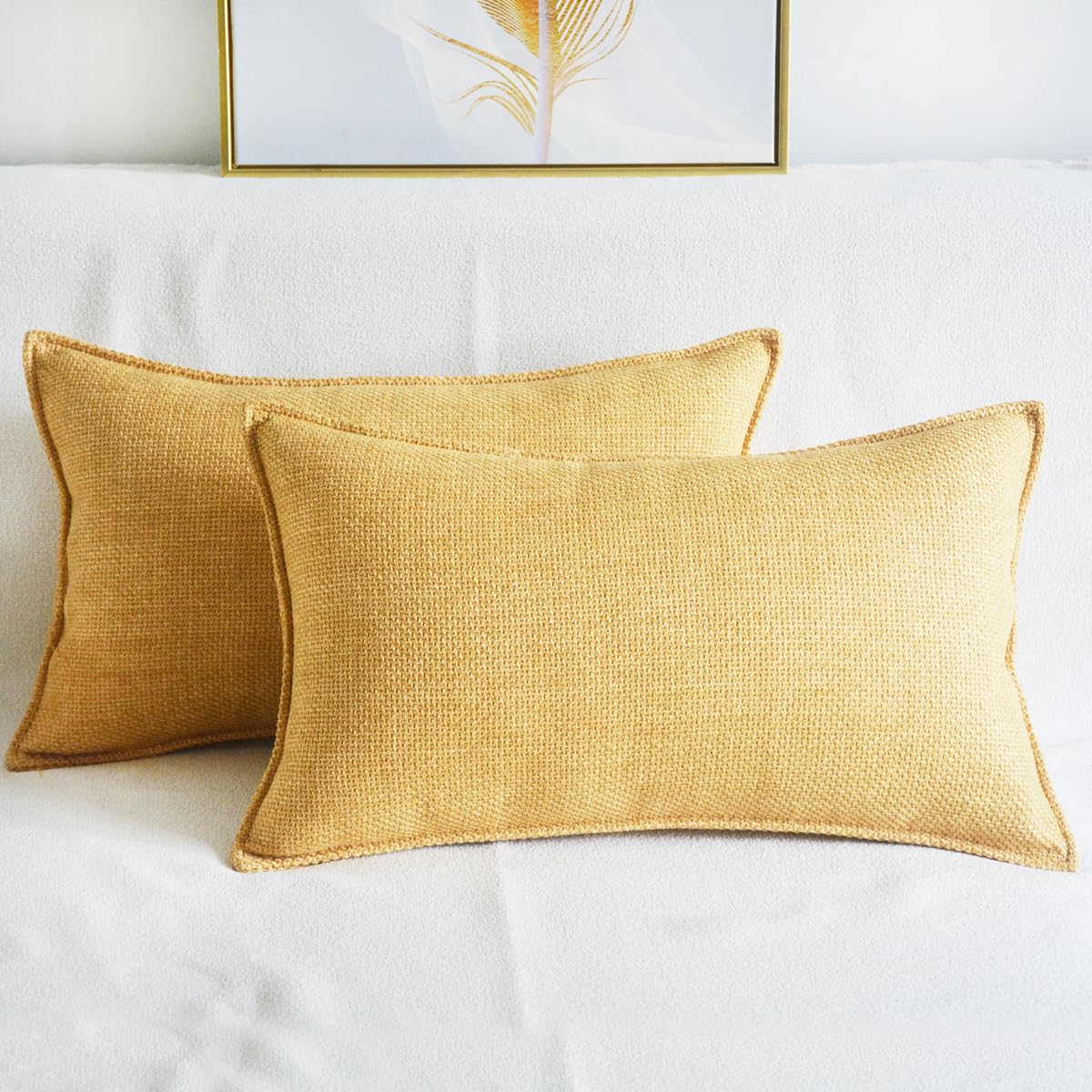 Lutanky Yellow Linen Cushion Covers 30 x 50 cm Elegant Rectangle Throw Pillow Covers (Pack of 2) for Sofa Bedroom Oblong Piped Pillowcases with Invisible Zipper 12x20 Inch - Image 2