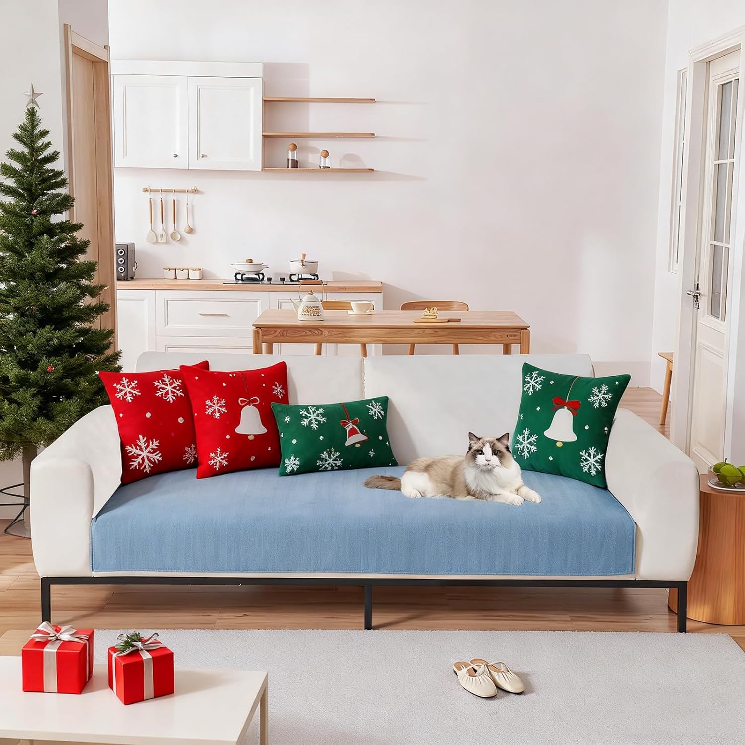 STACYPIK Blue Chenille Sofa Cover for Dogs Anti-Slip Couch Covers Washable Furniture Seat Protector for 3 Couch Cushion Cover Thick Herringbone Pet Friendly Sofa Slipcover for Sectional-35.4x70.9IN