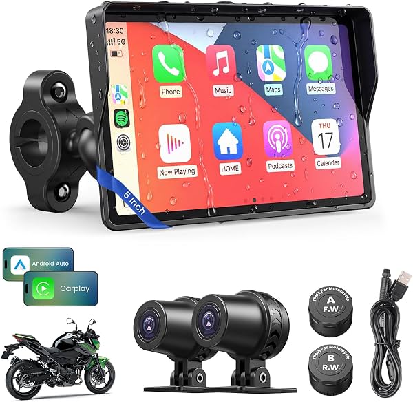 WonVon Pantalla CarPlay GPS para Auto de 5 Pulgadas Actualizada con TPMS | Con Cámara 2K, GPS para Moto Impermeable IP69 para Apple CarPlay y Android Auto para Motocicleta, Audio Bluetooth (Sin Tarjeta SD)