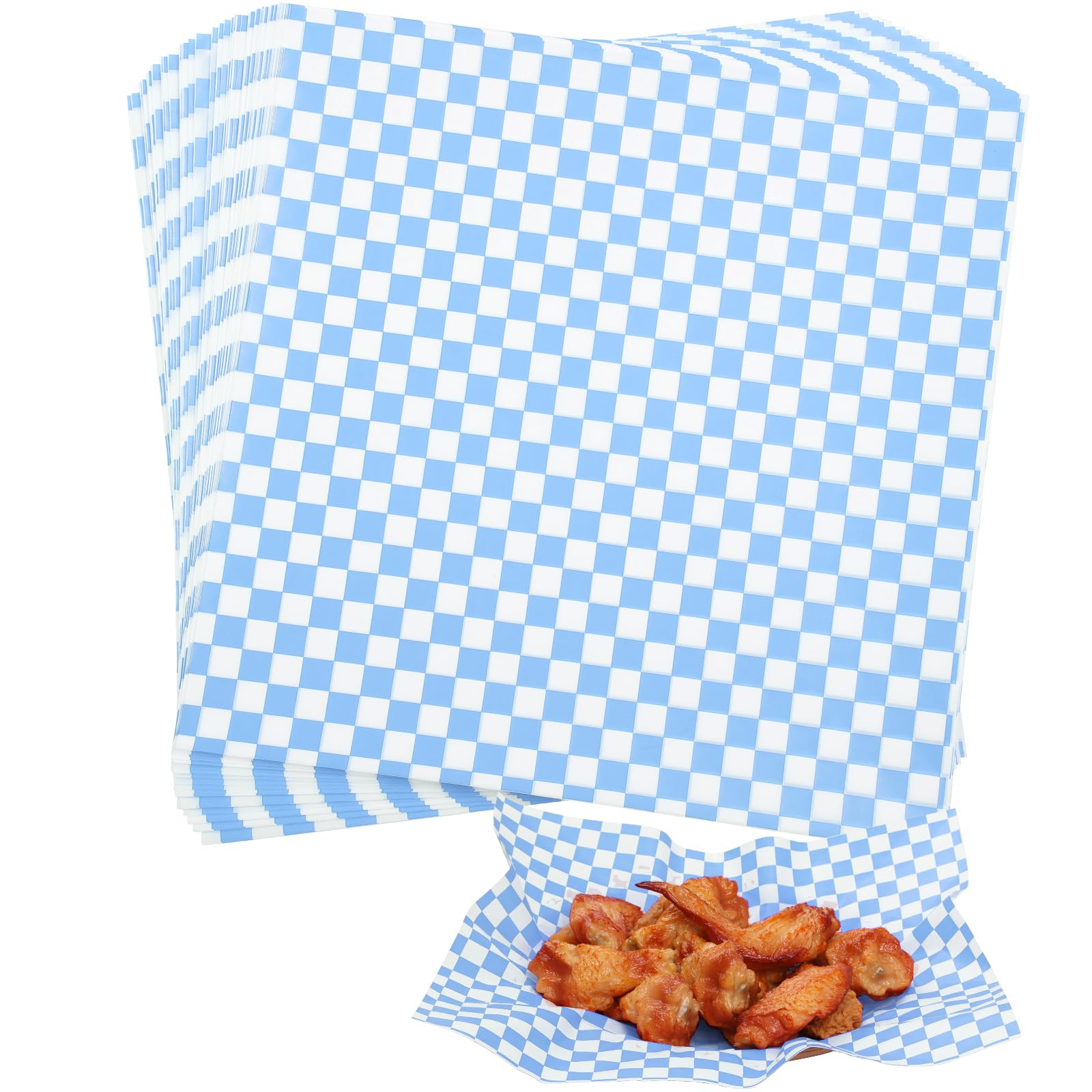 Lot de 100 feuilles de papier sulfurisé de qualité alimentaire pour sandwichs, hamburgers, frites, 30,5 x 30,5 cm, bleu et blanc