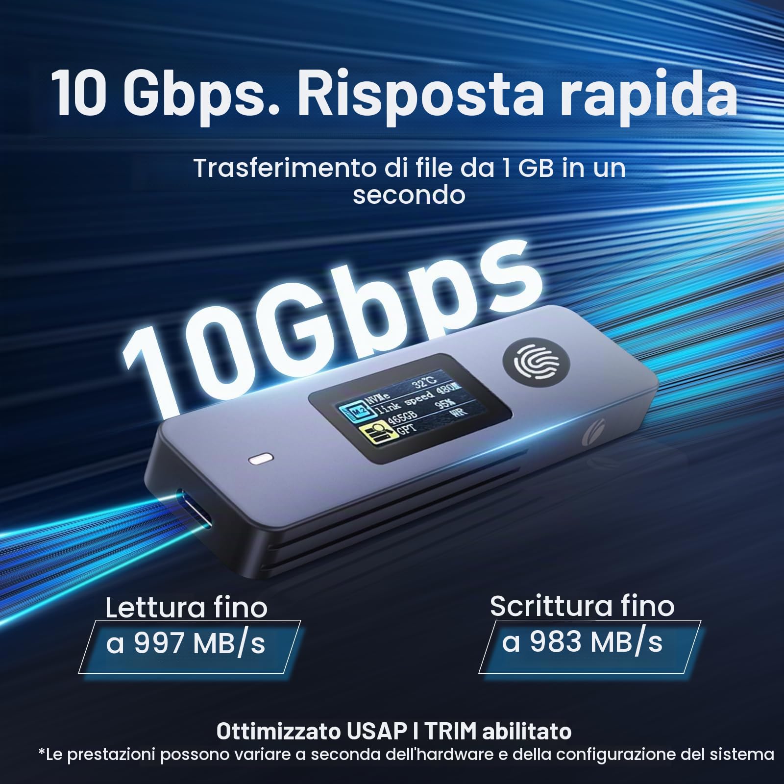 VCOM Enclosure SSD con crittografia delle impronte digitali con schermo LCD, custodia per disco rigido USB 3.2 Gen2 da 10 Gbps, supporto M.2 NVMe e SATA SSD, unità esterna crittografata hardware per