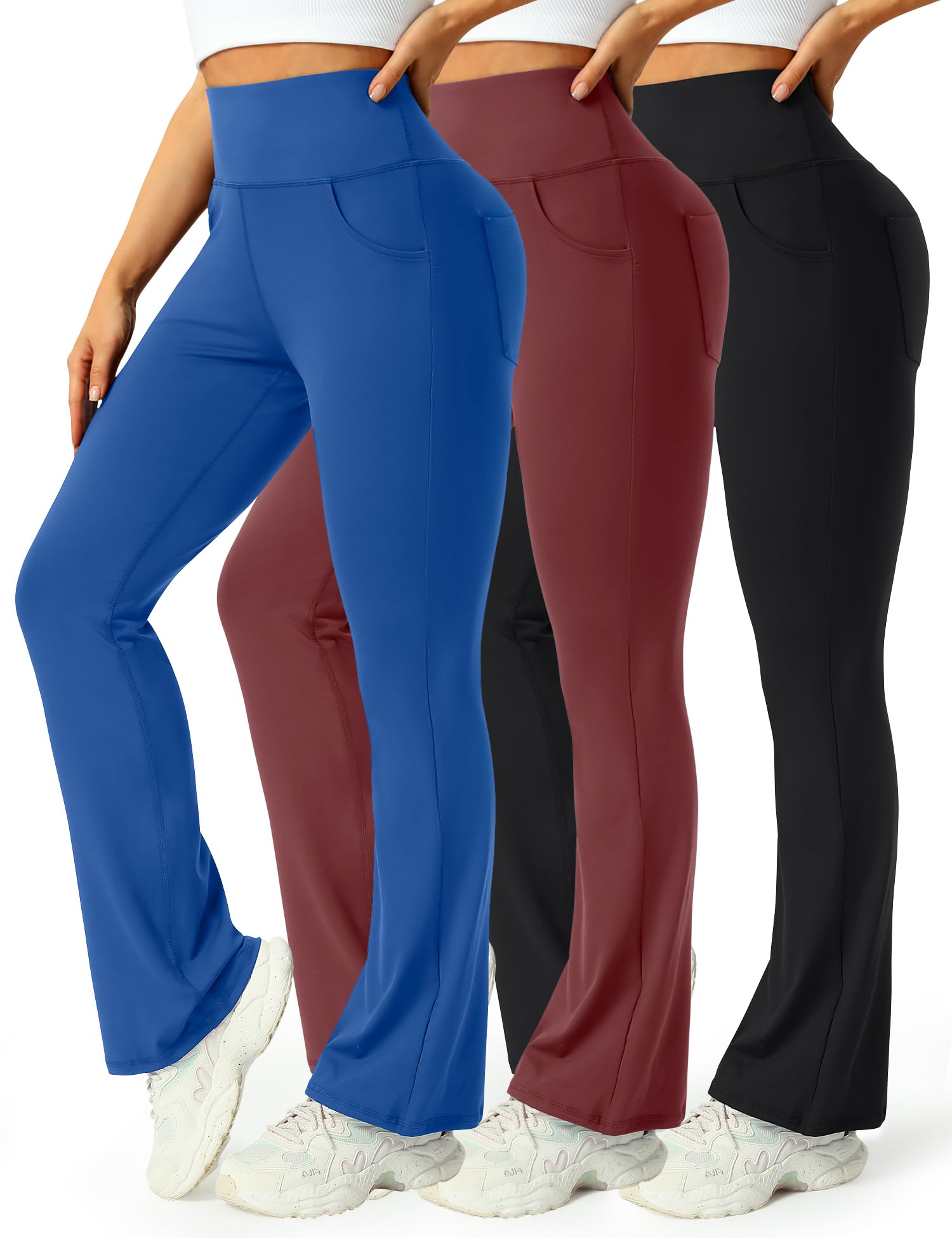 Mlenhor 3 Packs Womens High Waist Flare Pants-Flare Yoga Pants?Yoga Pants with Pockets - High Waist and Wide Leg (US, Alpha, X-Large, Regular, Regular, 3 Pack-Navy Blue/Burgundy/Black)