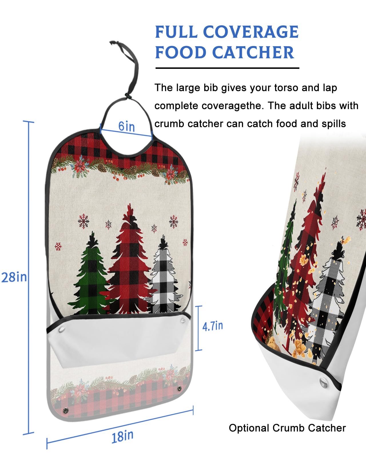 Christmas Tree Adult Bibs for Eating, Waterproof Bibs with Food Catcher & Adjustable Snap Closure, Snowflake Xmas Tree Red Black Plaid Washable Clothing Protectors Adult Bibs for Elderly Women/Men