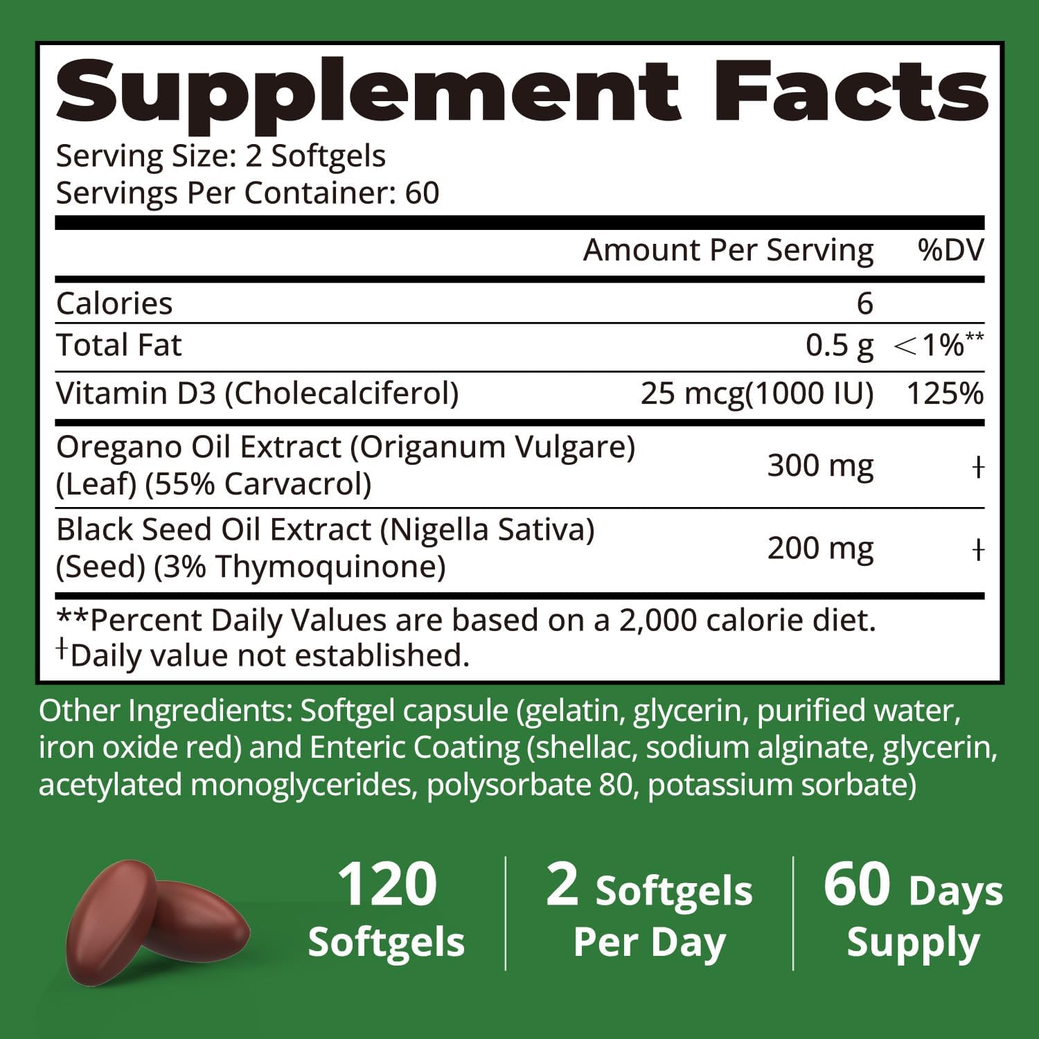 Oregano Oil with Black Seed Oil Vitamin D3, 3-in-1 Enteric Coated Softgels Oregano Herbal Supplement for Immune Support & Overall Welleness, 60-Day Supply