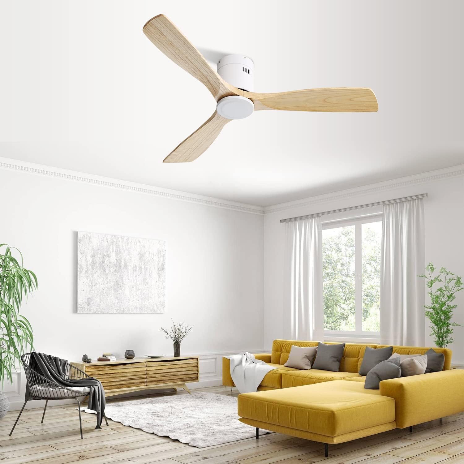 Sofucor 52 Inch Solid Wood Low Profile Flush Mount Ceiling Fan No Light, Outdoor Modern Ceiling Fan without Light 6-Speed, 3-Timer, Reversible DC Motor for Living Room Bedroom