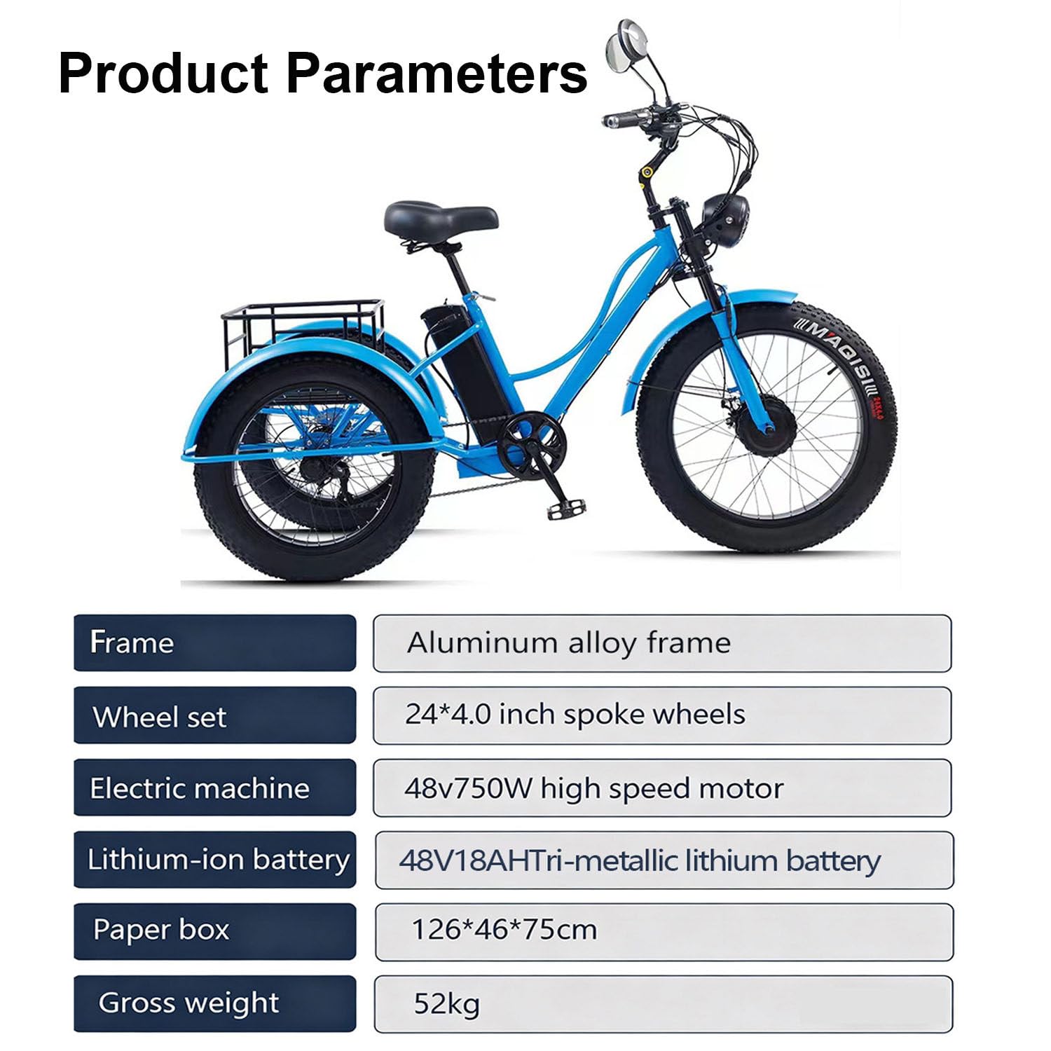 Elektryczny rower trójkołowy dla dorosłych, opony fatbike 24", do użytku w terenie, wspomagany elektrycznie, nośność 200 kg, kosz na bagaż, niebieski, do codziennego użytku i transportu zakupów