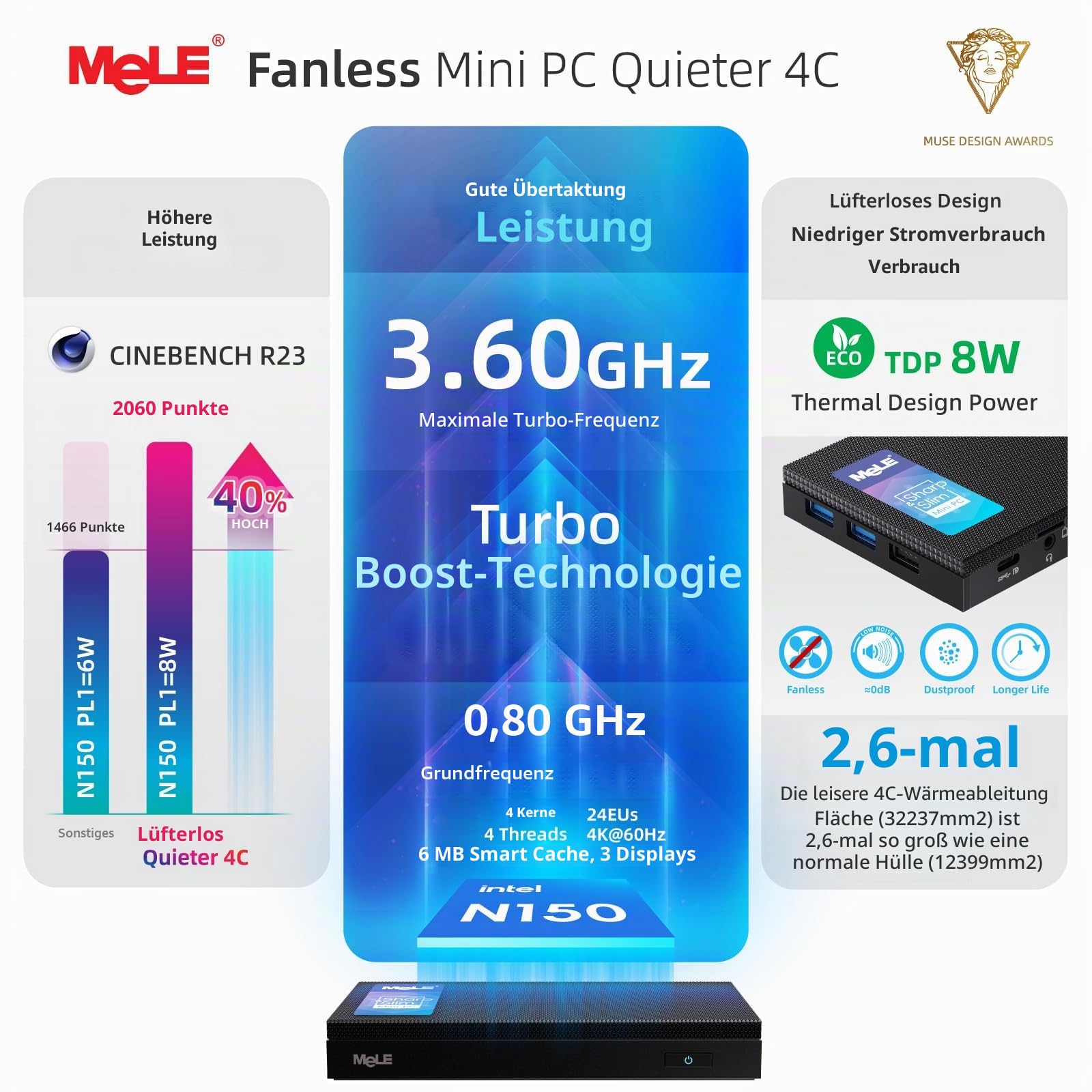 MeLE Quieter 4C Mini-PC, N150 16GB 512GB, with Windows 11 Pro 4K HDMI USBC | N150 bis zu 3.6GHz, 16GB Arbeitsspeicher, 512GB Speicher with Windows 11 Pro, Wi-Fi 5, USB-C multi-function, triple 4K dis...
