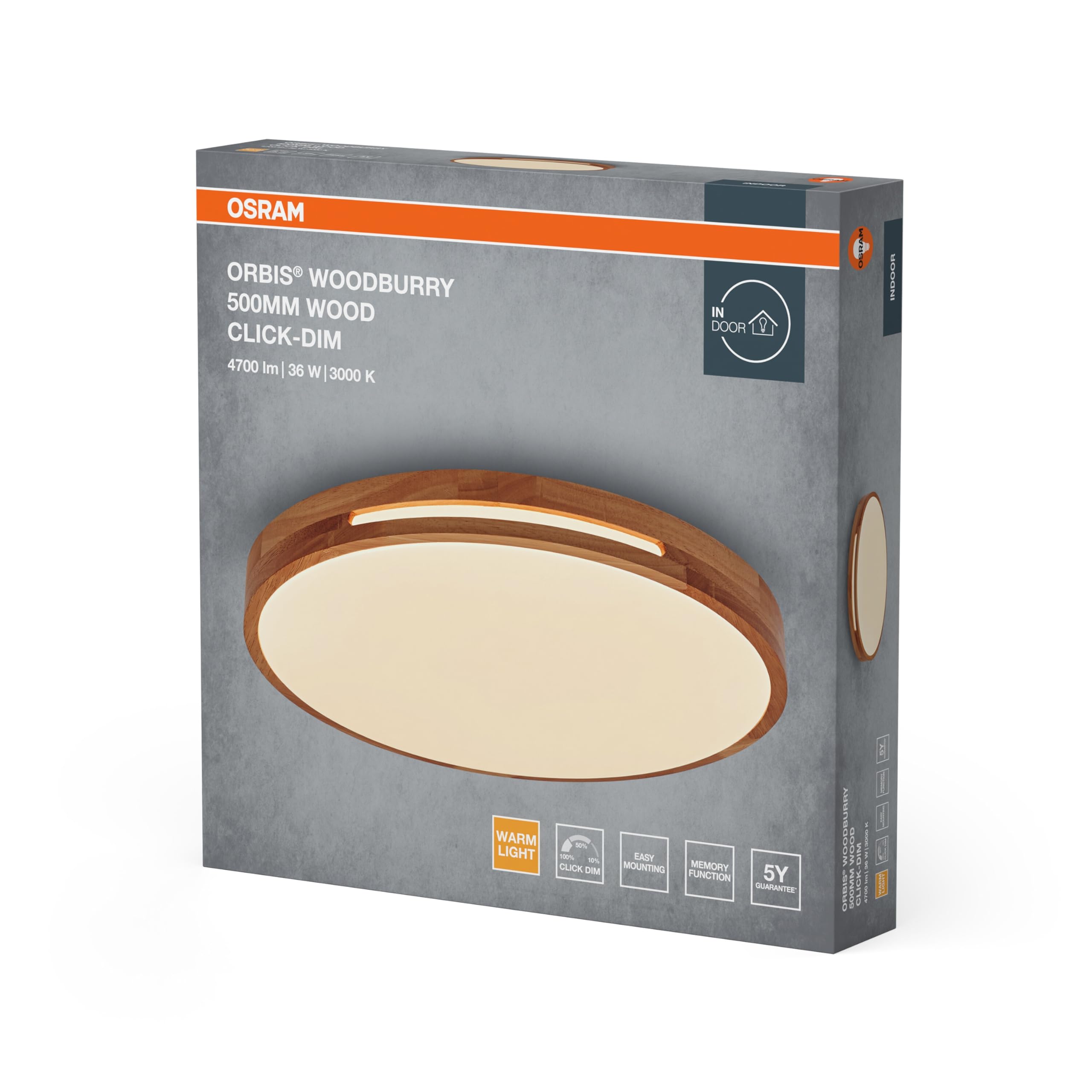 OSRAM ORBIS Woodburry LED wall/ceiling light with wood decor, 36 W, 1,500 lm, 3,000 K, 500-mm diameter, 830 friendly warm white, IP20 protection, mounting screws and dowels included
